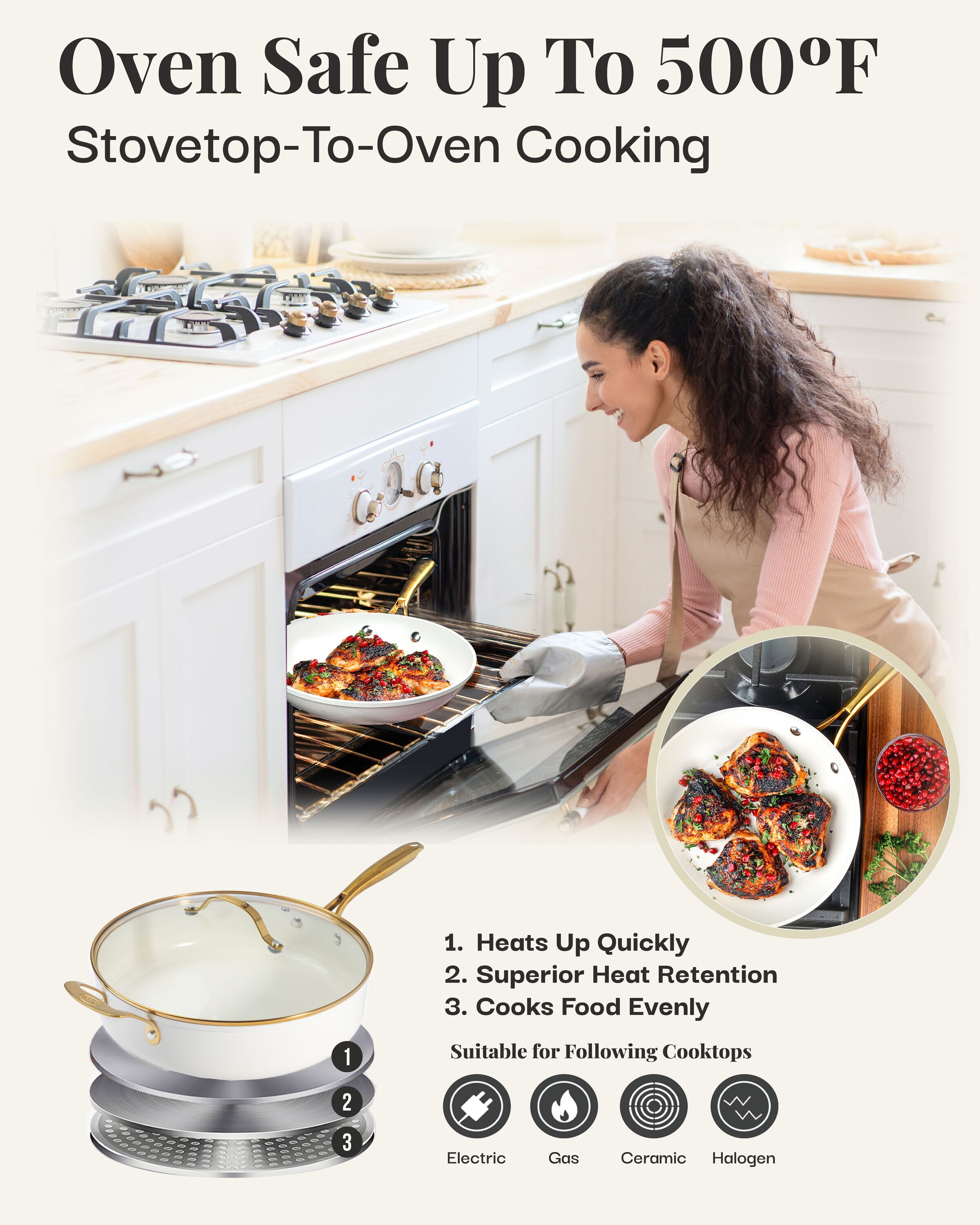 Cream 5.5 Qt Nonstick Ceramic Jumbo Cooker with Gold Handles