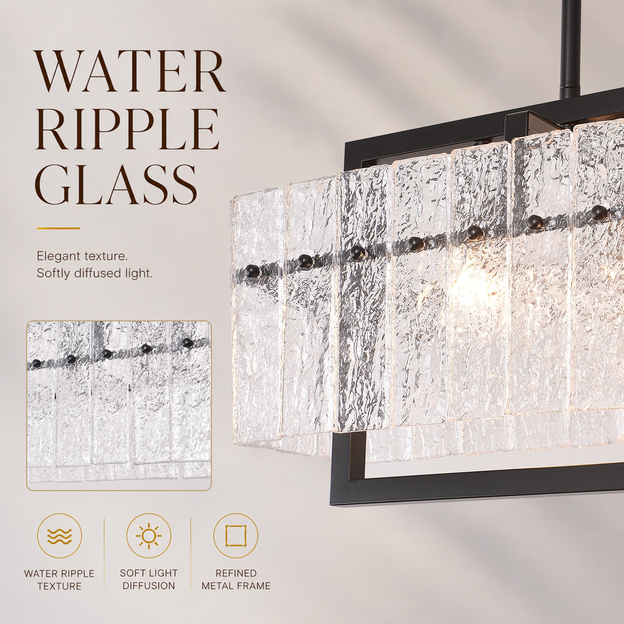 TEINIE 4 Lights Modern Rectangle Black Chandeliers Water Ripple Glass ...