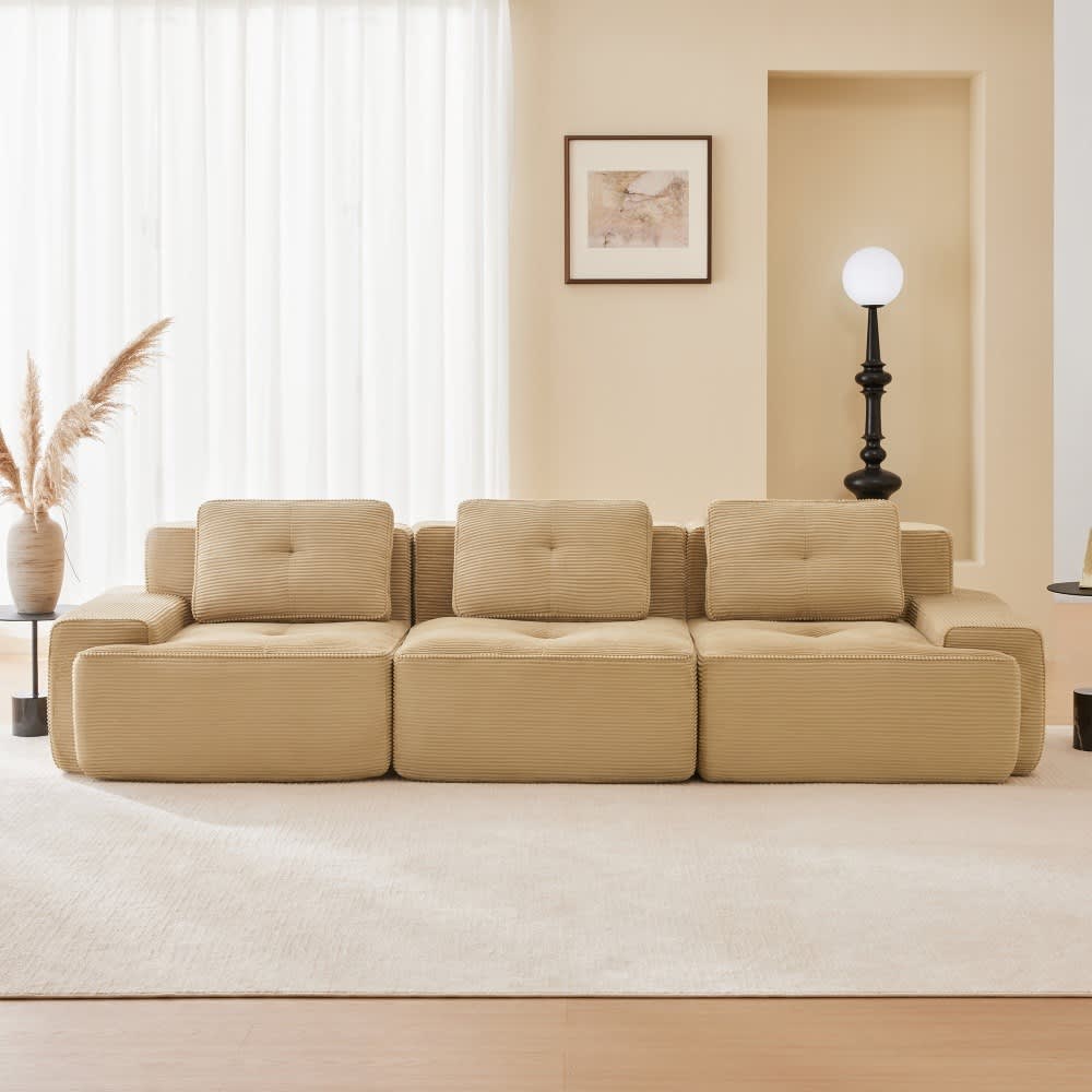 Coolbibila 3 Seat Modern 115 in Camel Corduroy Modular Sectional Sofa Deep Seat Tufted Piping Anti Slip