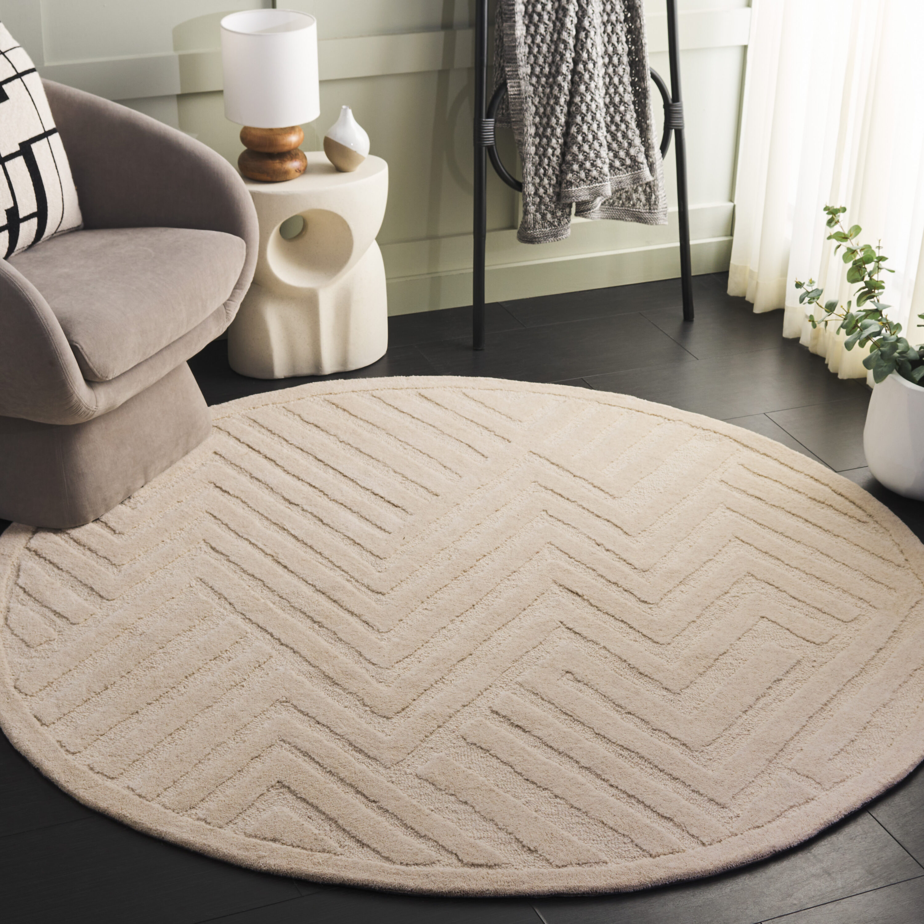  Mykonos 402 Ivory Contemporary 6ft x 6ft Round Rug