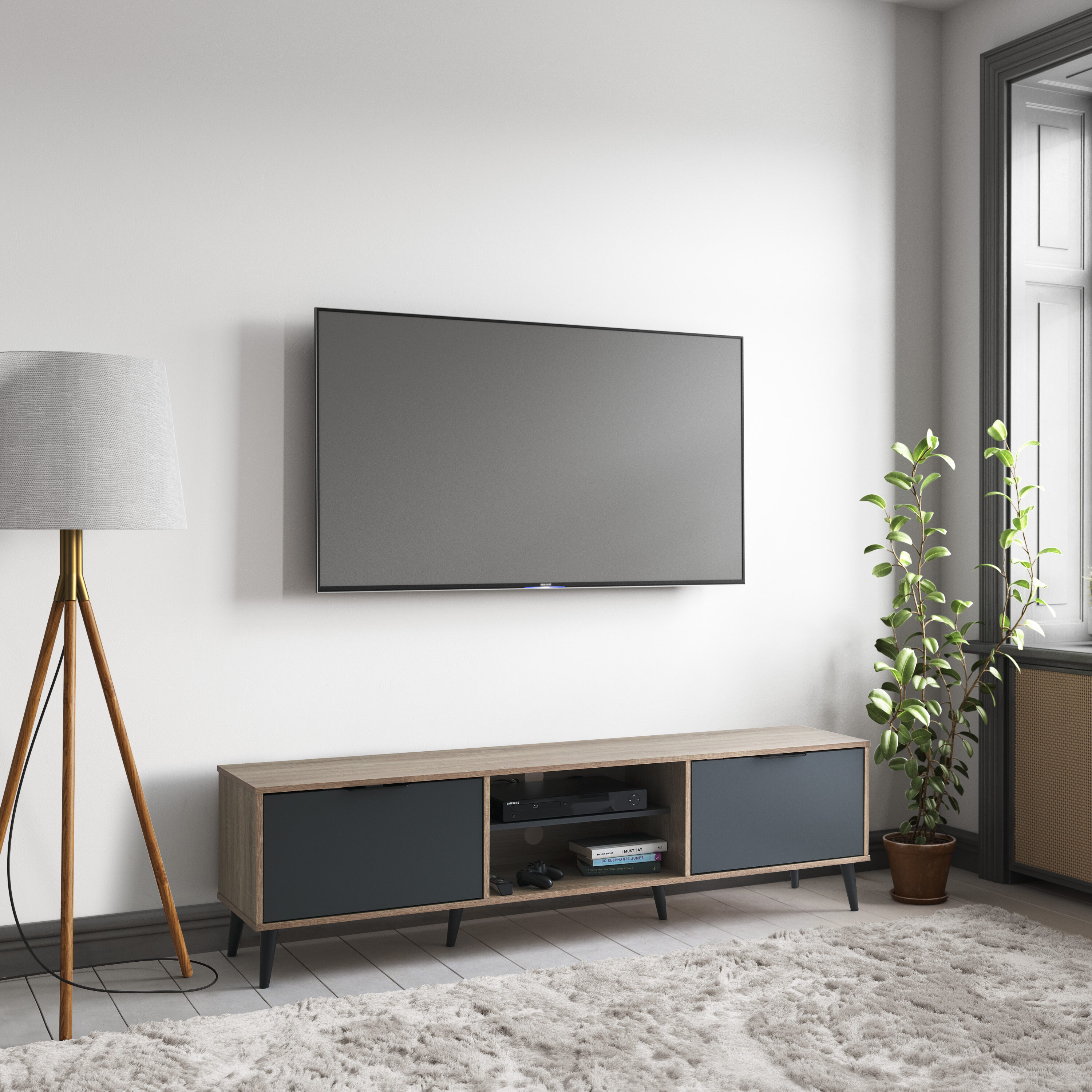 CorLiving Cole Light Woodgrain And Gray TV Stand With Open And Closed ...