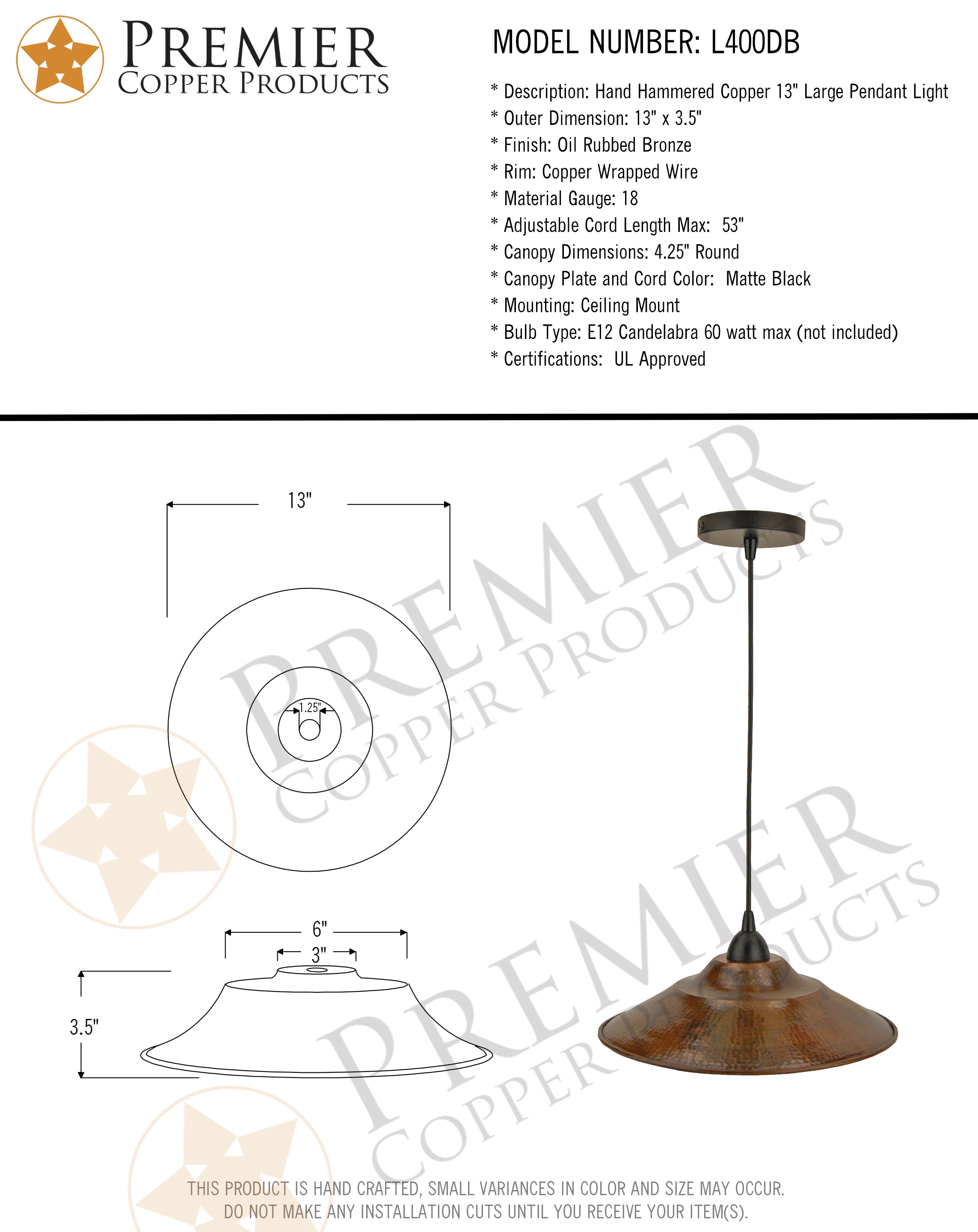 Lustrous Bronze Matte Black 13" Hand Hammered Copper Pendant Light
