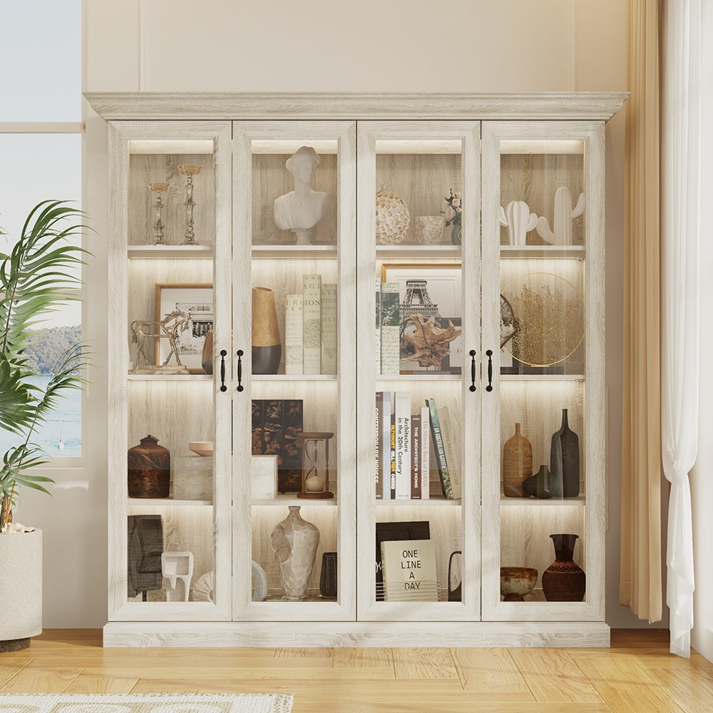 Homsee C-KF210355-01-AB Tall 4-Door Glass Display Cabinet Rustic Gray Oak Finish with Warm LED Light and Adjustable Shelves for Living Room Dining Room