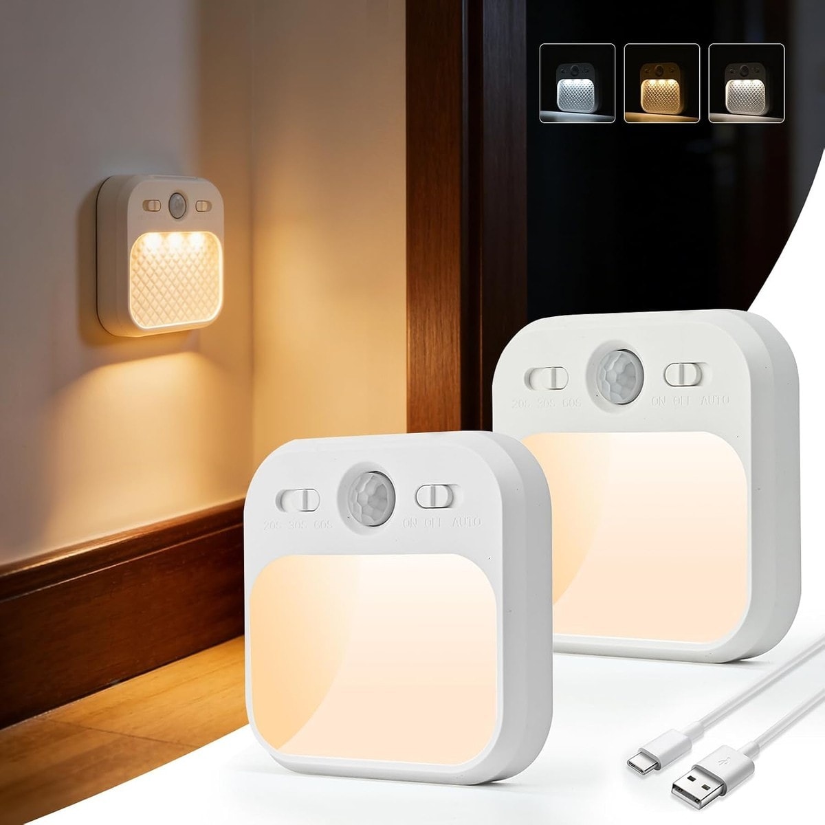 Tradufa  2 Pack Rechargeable Motion Sensor Night Light with Warm White and Cool White Modes for Stairs Hallway Bedroom