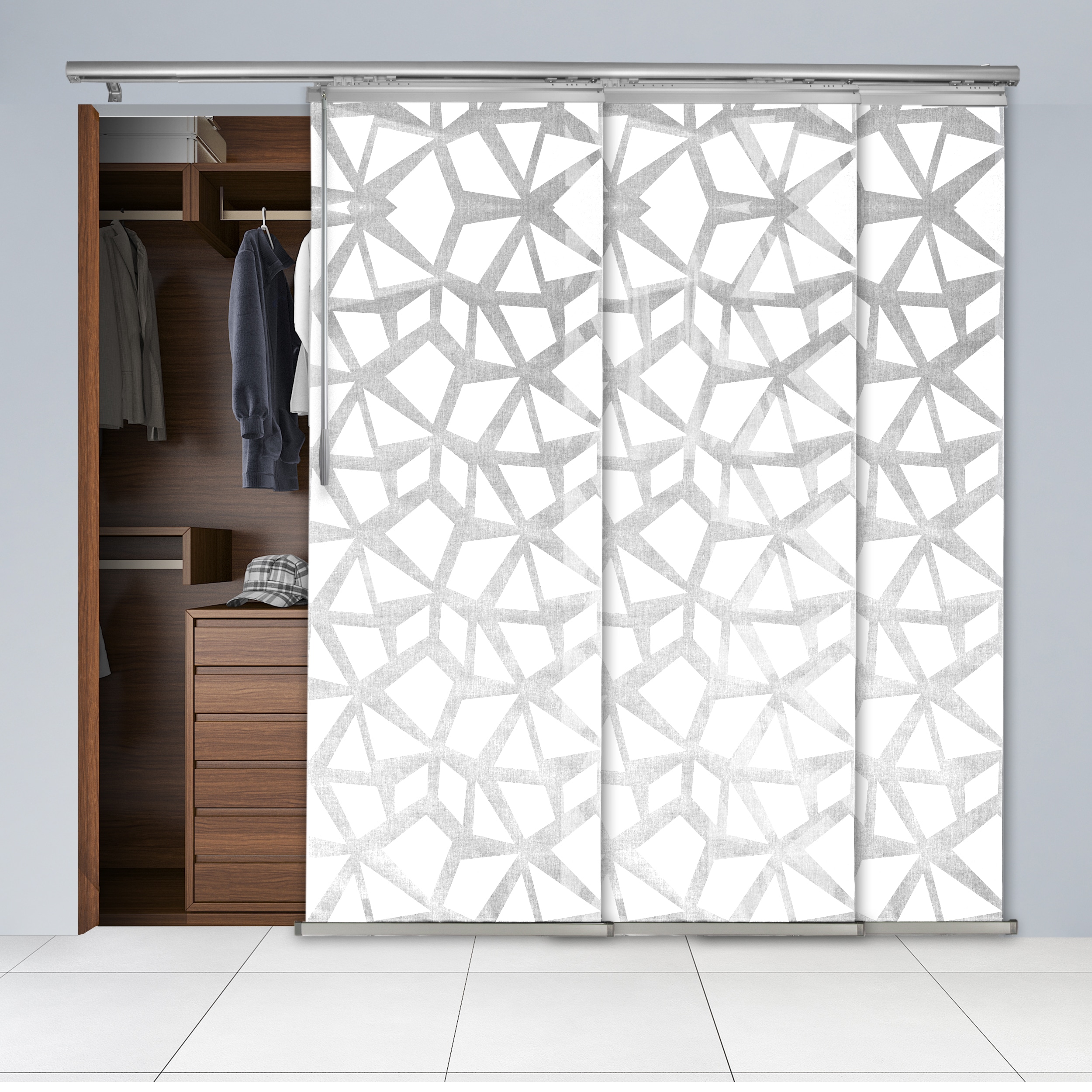 Hart & Harlow L-T24-3-3P10A 3-Panel Single Rail 23.5-in Slat Width 66-in x 91.4-in Cordless Lattice Fabric Light Filtering Panel Track Blinds