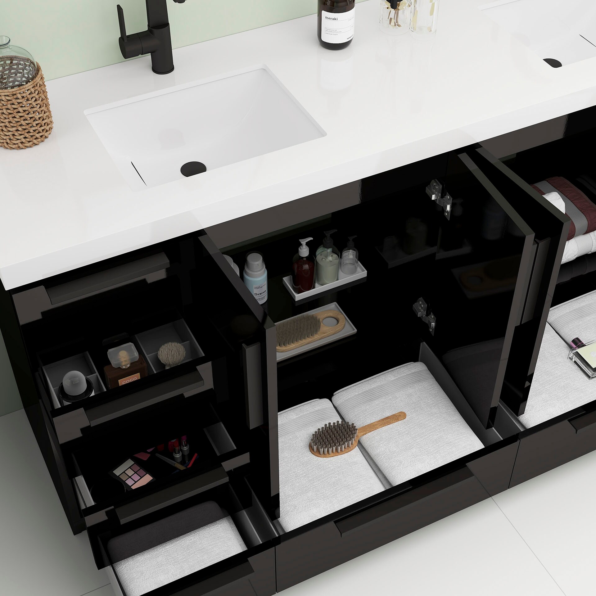 Open vanity drawers and organized storage with grooming items