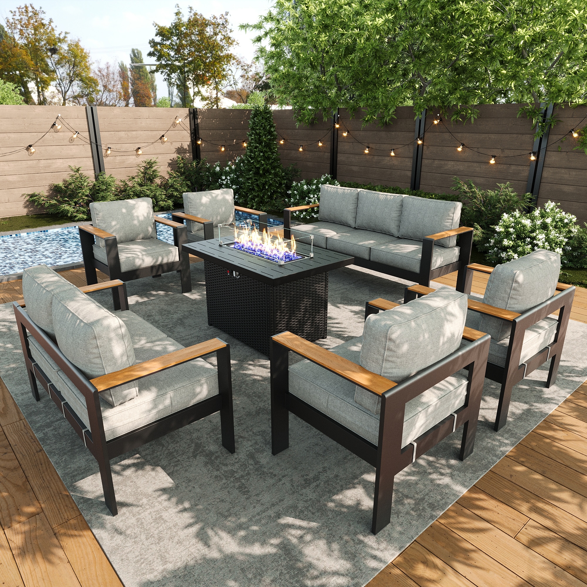 LayinSun AL5002-FP7-01 7 -Piece Outdoor Aluminum Patio Conversation Set with Fire Pit and Light Gray Cushions