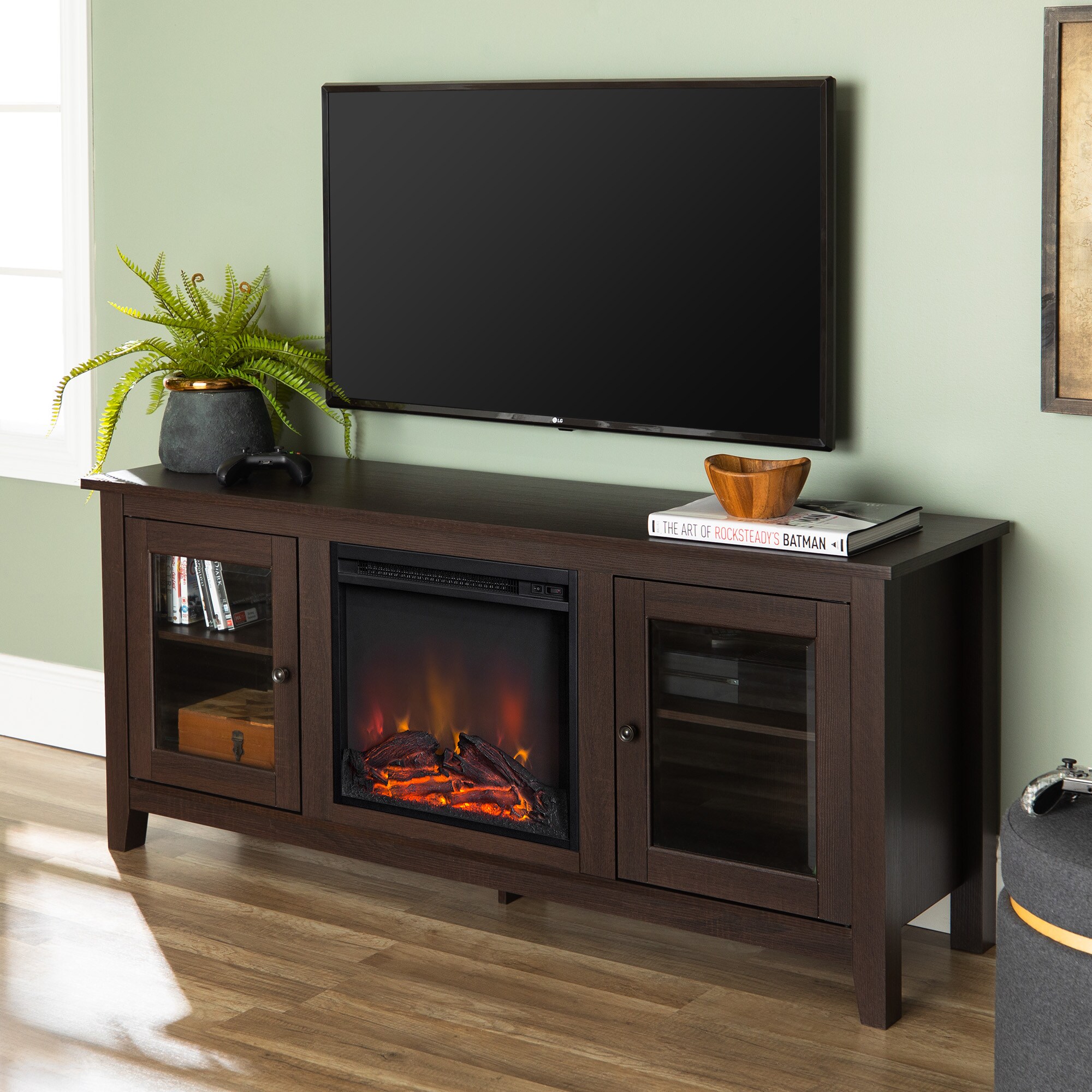 Walker Edison W58FP4DWES 58-Inches W Espresso TV Stand with LED Flat wall Electric Fireplace
