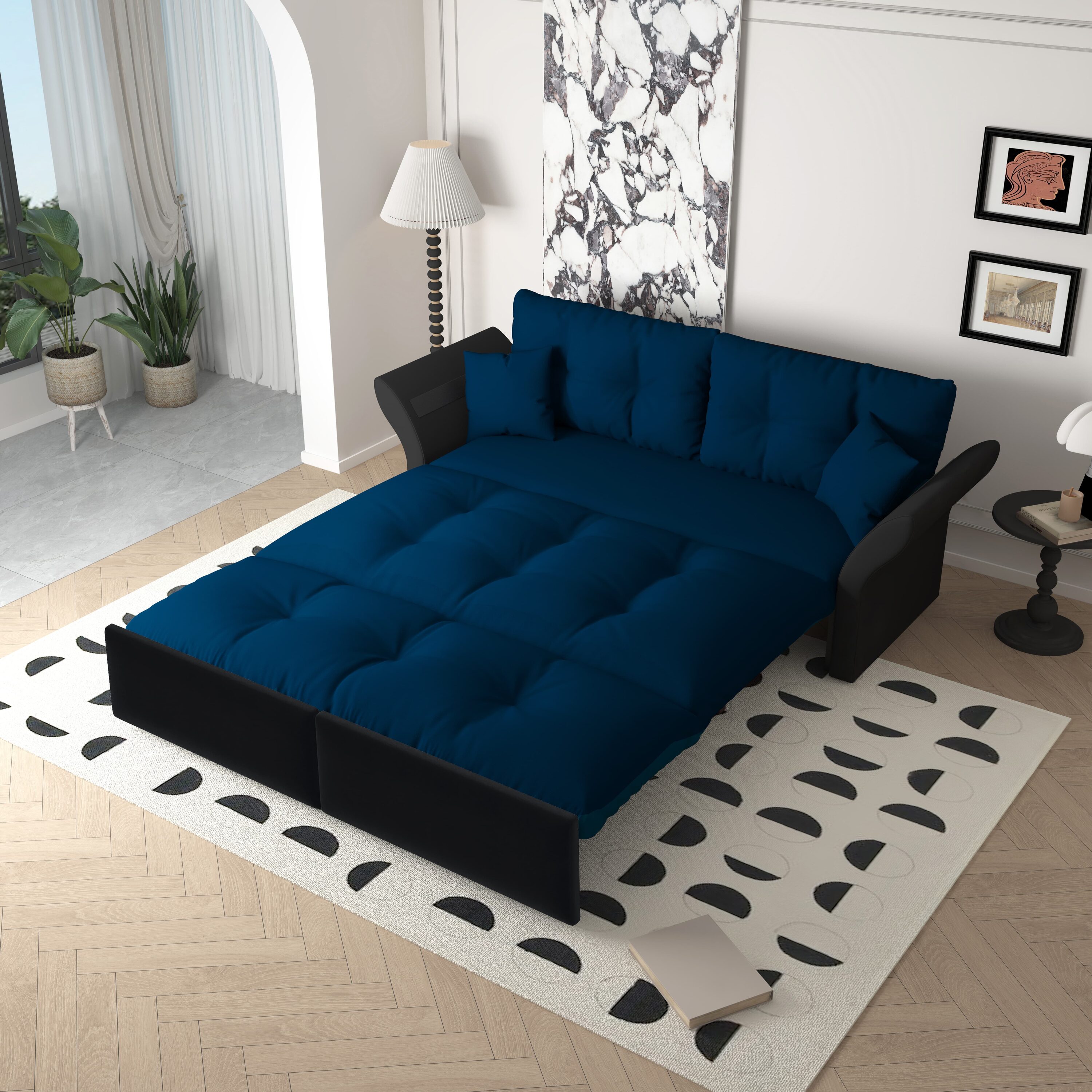 LOVMOR SF-M-W1885S00171 74.8inch Queen Pull Out Sofa Bed 3 in 1 Convertible Sleeper Tufted Sofa with 2 Soft Pillows Multi Functional Velvet Loveseat Bed Blue