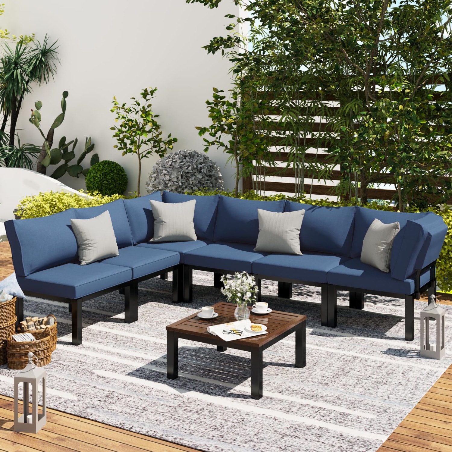 AECOJOY 16077BU-LS01 Conversation Set Outdoor Sectional with Blue Cushions and Iron Frame