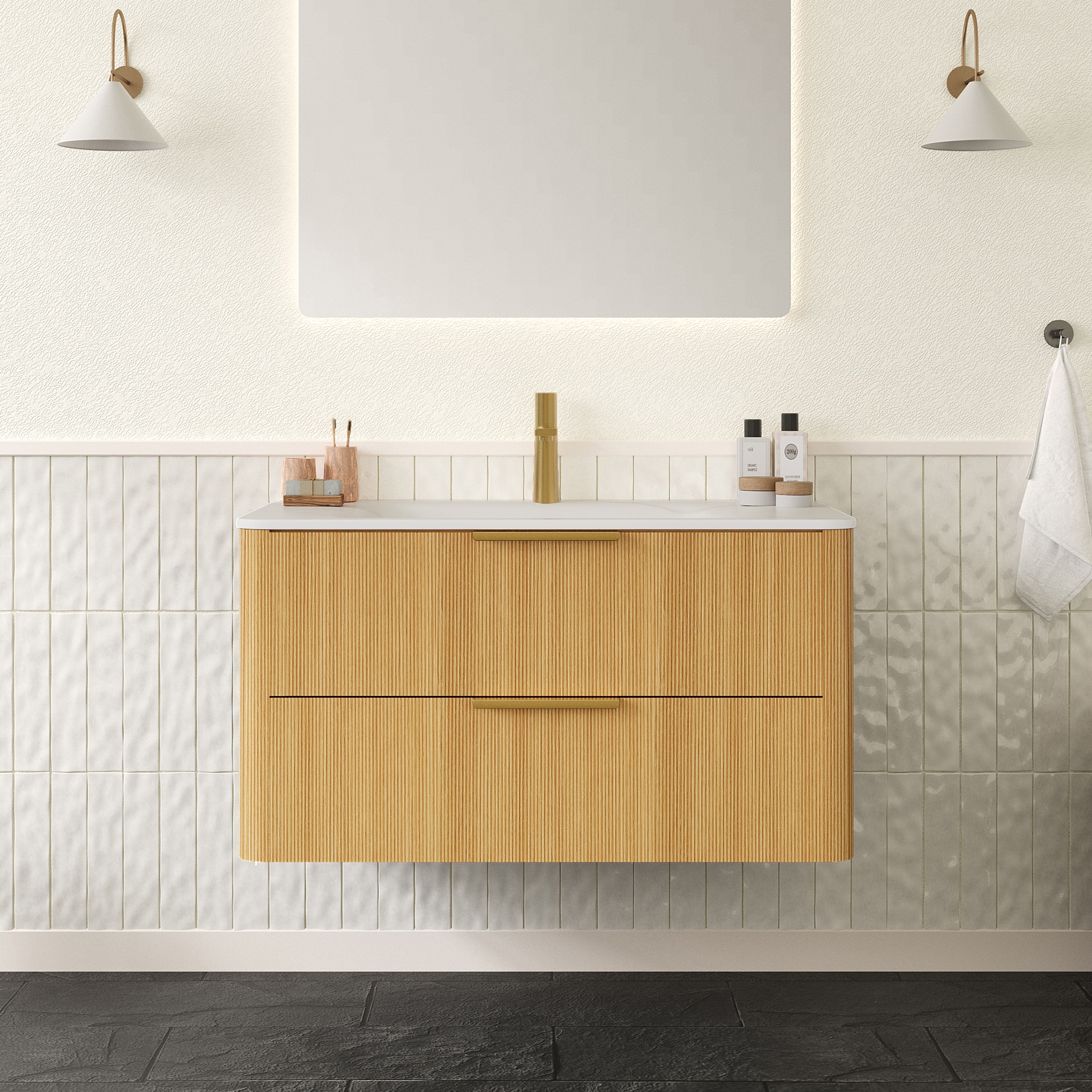 GDFStudio Zane 36 in. Floating Ultra-Pinstriped Wood Storage Cabinet with Drawers-Carrara White Sintered Stone Hot-Bent Integrated Basin-Pre-Assembled-Light Natural Woodgrain Finish