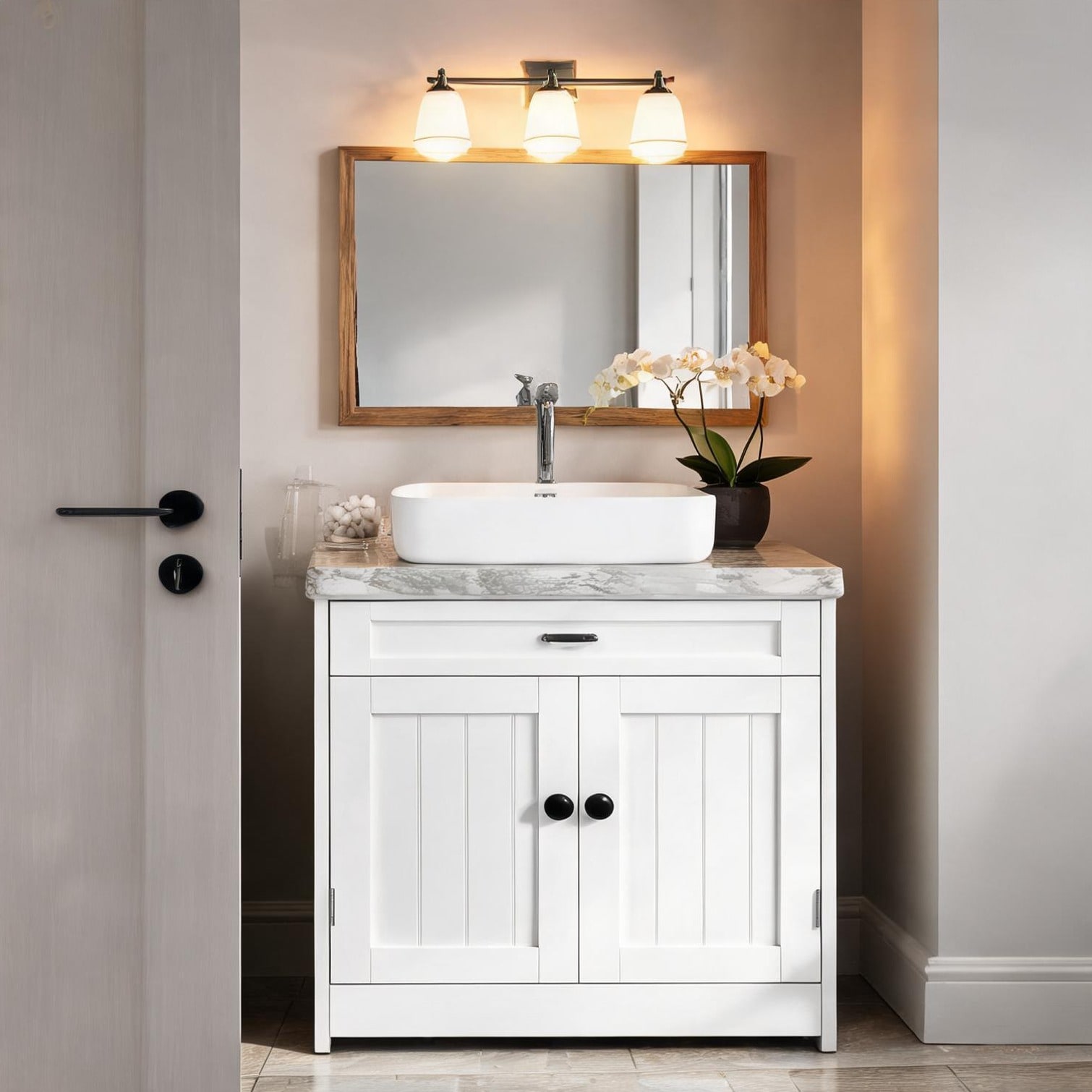 BBabe Durable MDF Under-Sink Cabinet with Adjustable Shelf in Soft White 23.5-Inch Wide Double-Door Storage