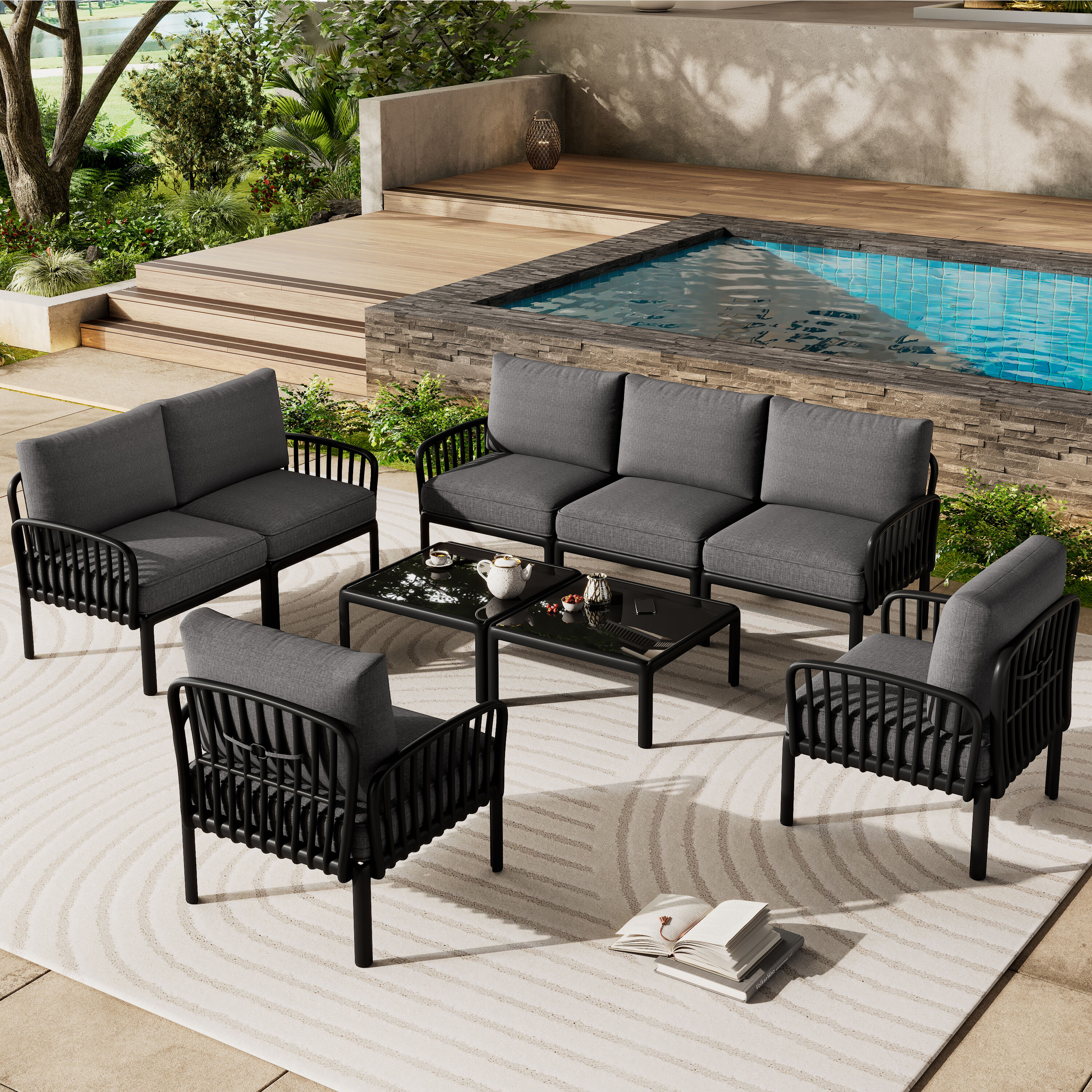 ModernLuxe L3P-N780P1994544499B 9 Piece Patio Conversation Sets Modern Outdoor Patio Sectional Furniture Set with Two Square Coffee Table Waterproof Thick Cushion Deep Seating for Porch Balcony Black  Dark Gray