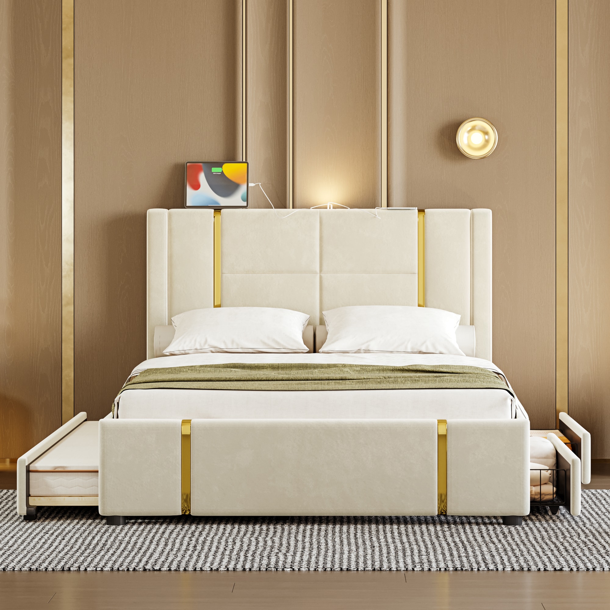 ModernLuxe N733S245548A Queen Size Upholstered Bed with Trundle Bed and 2 DrawersModern Platform Bed with Gold DecorationNight Light and USB ChargerBeige