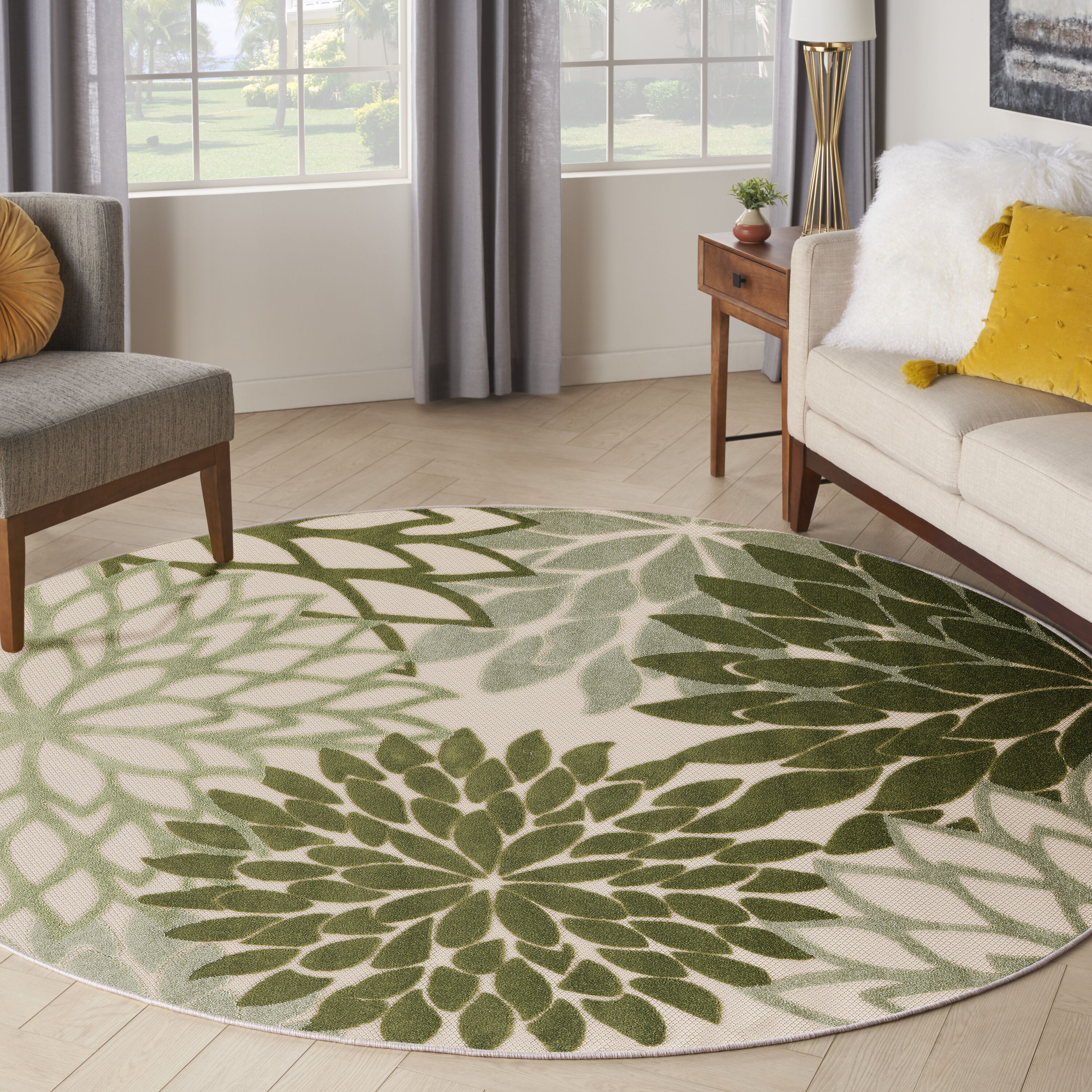 Nourison Home 099446952790 5 x 5 (ft) Loomed Polypropylene Ivory Green Round Indoor/Outdoor Floral/Botanical Tropical Area rug