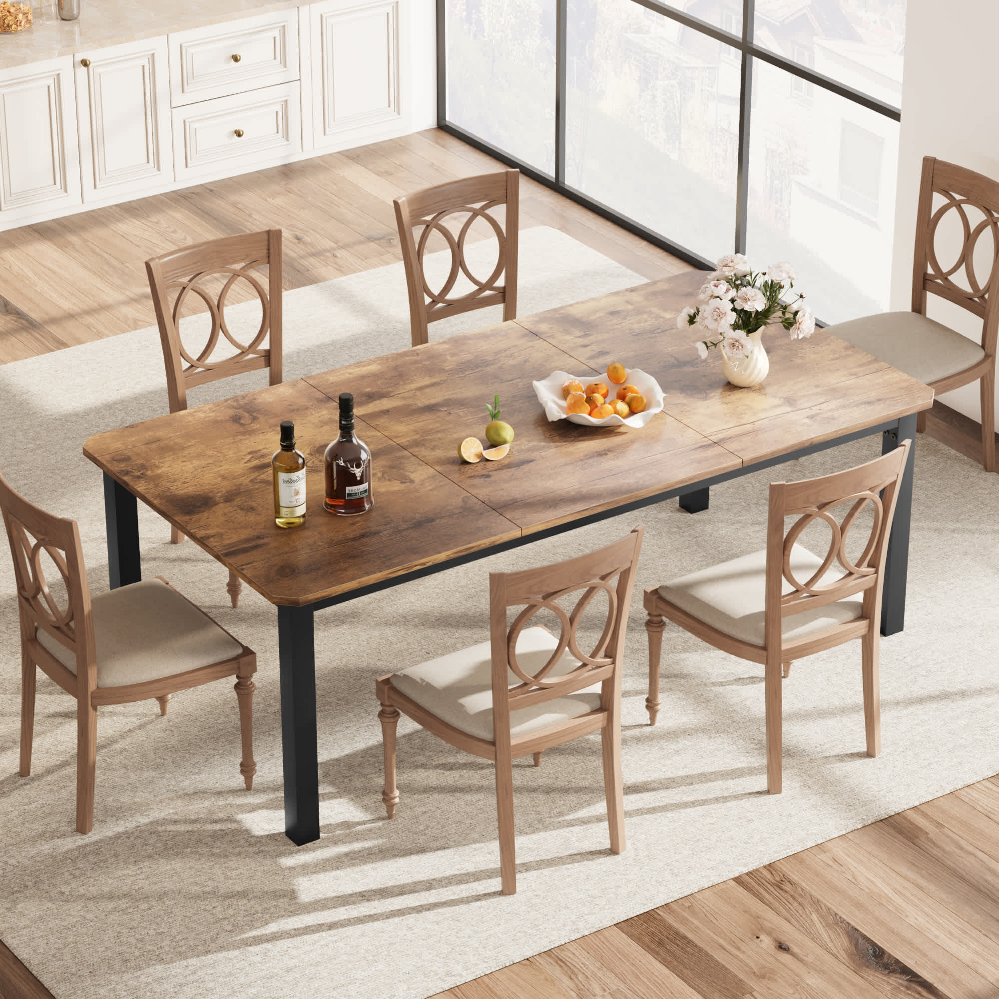 WhizMax PHO-120SBRUO-KLN 78.7 Inch Long Wooden Rectangular Counter Kitchen Dining Table for 6 with Sturdy Metal Frame and Rustic Brown Finish