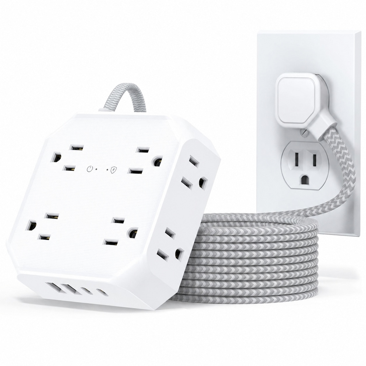 Justincity  Power Strip Surge Protector with 8 Outlets and 4 USB Charging Ports 2 USB C Ultra Thin Flat Plug 5Ft Braided Extension Cord for Home