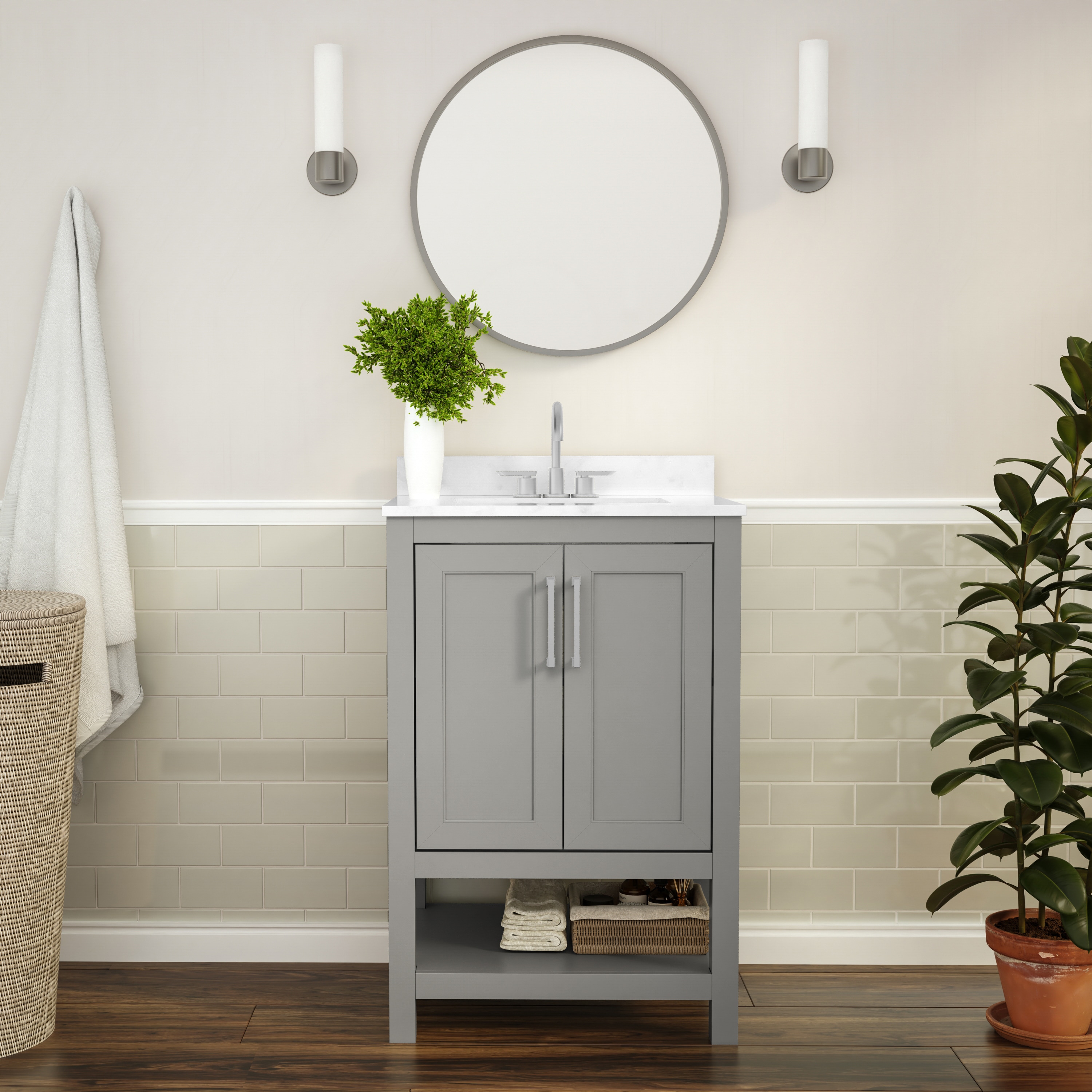 Flash Furniture 196861105876 Vega 24 Inch Bathroom Vanity with Sink Combo; Storage Cabinet with Soft Close Doors and Open Shelf; Carrara Marble Finish Countertop; Gray/White
