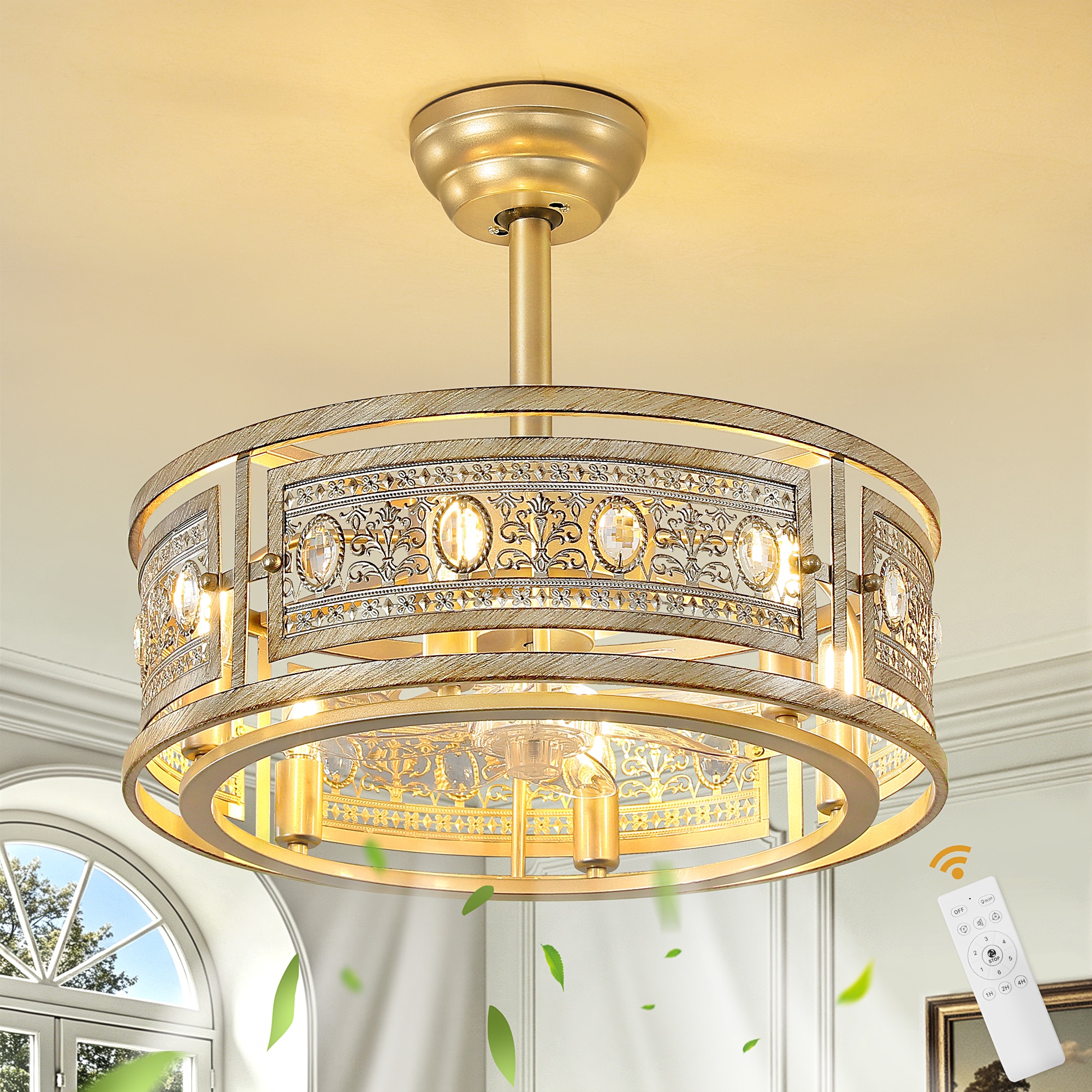 KAISITE 19 in Indoor Gold Low Profile Caged Crystal Ceiling Fan with Light and Remote Control 6 Speed Reversible Motor