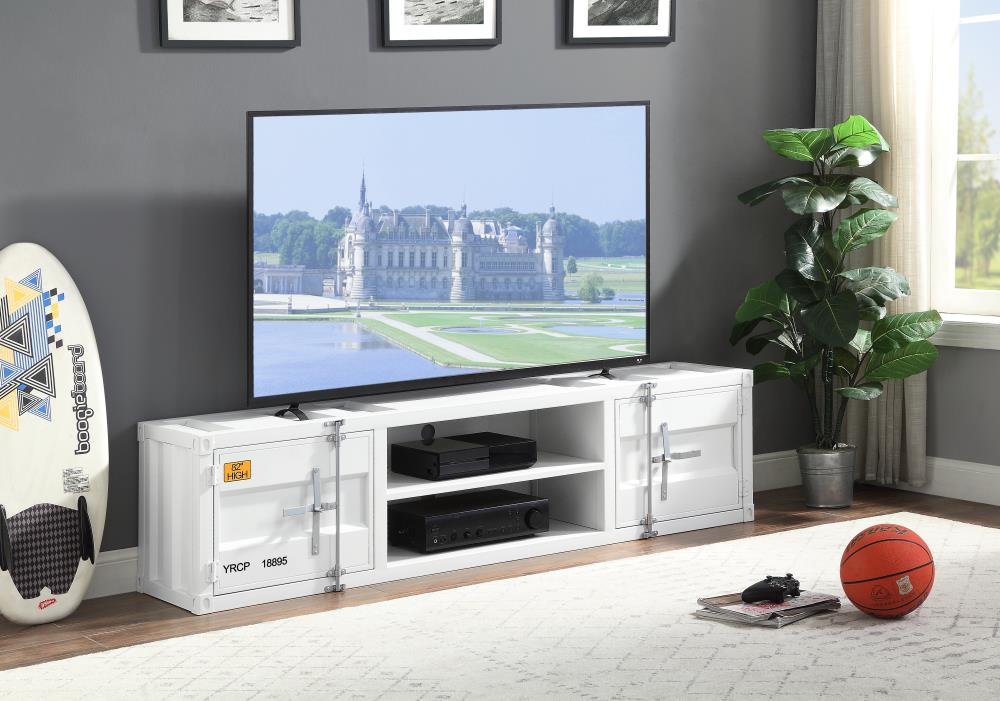 White Industrial Metal TV Stand with Cabinet