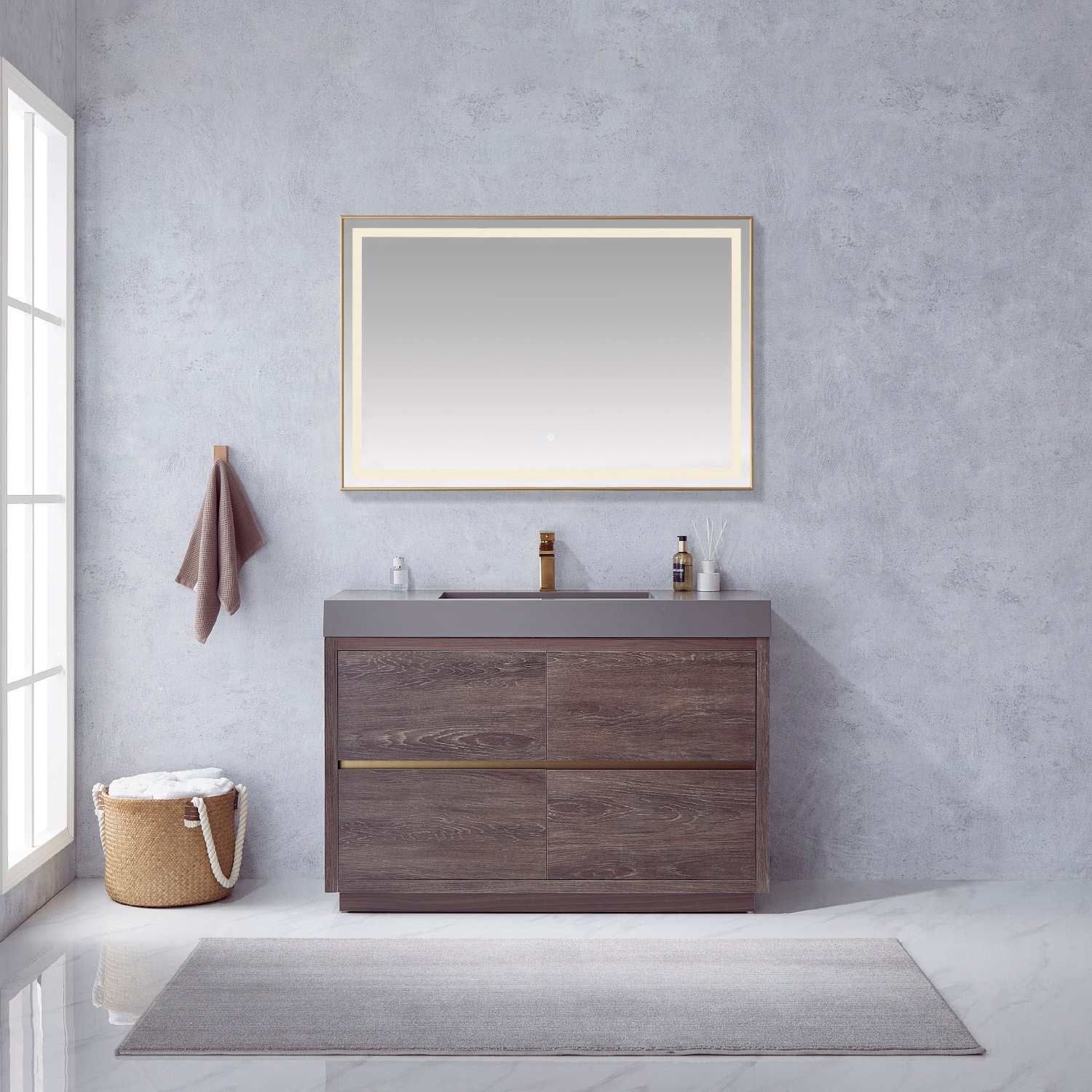 Huesca 48-in North Carolina Oak Finish Single Sink Bathroom Vanity with Gray Engineered Stone Top (Mirror Included) in Brown | - Vinnova 703048-NC-GR