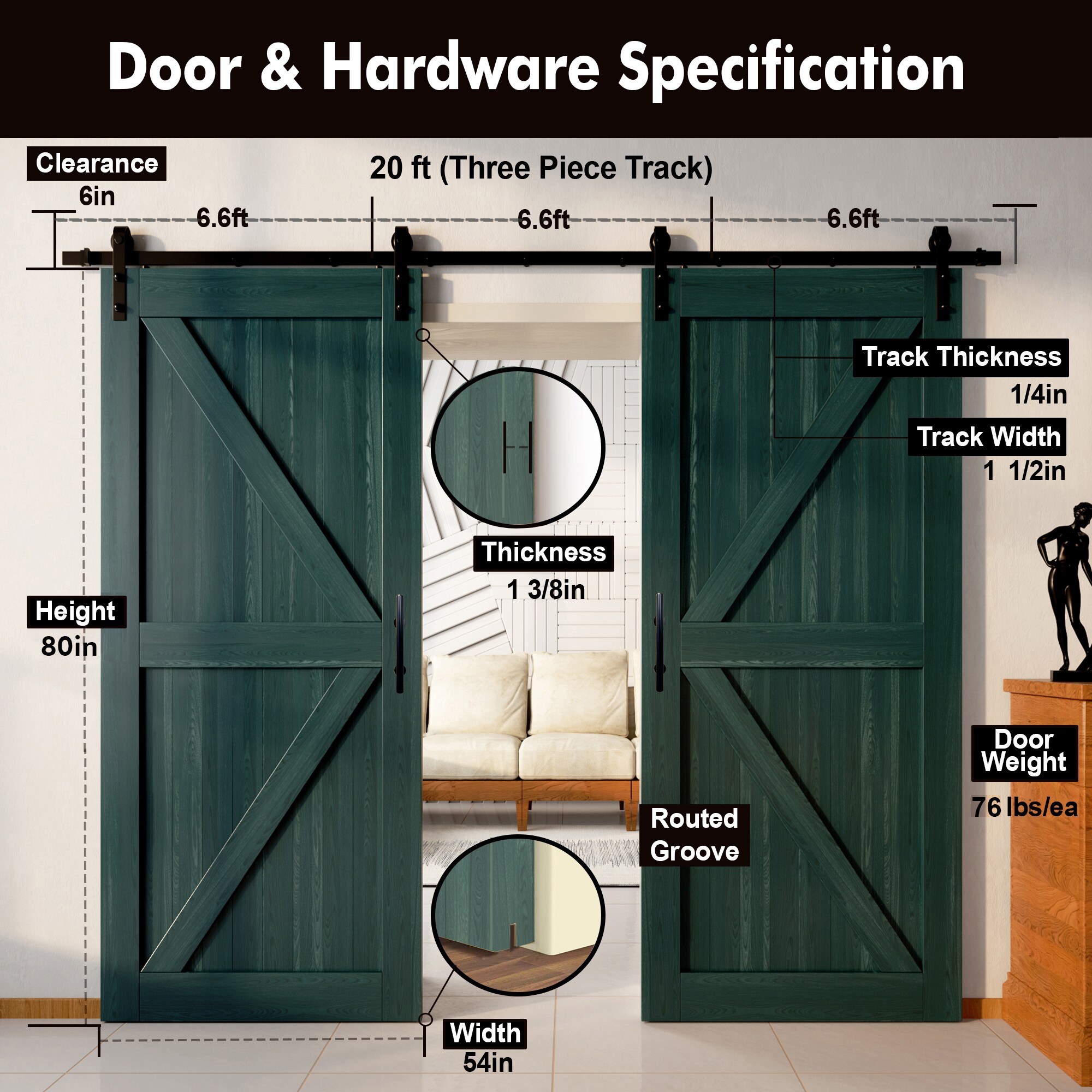 HOMACER YT2TGH240C-5480F-RP Barn-Doors - View #2