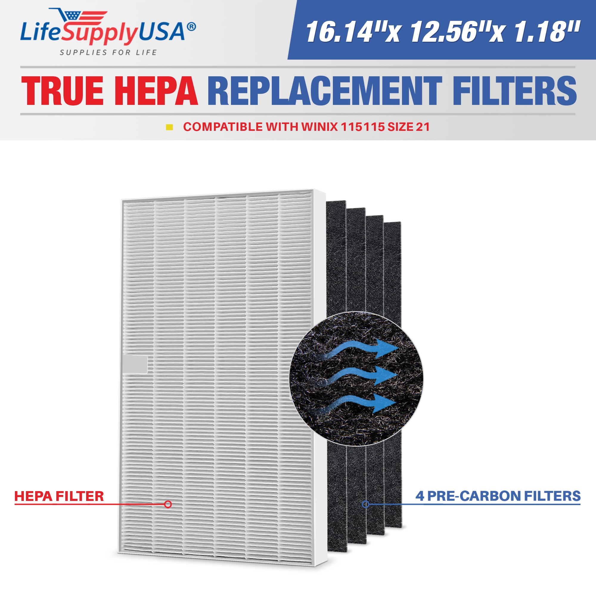 LifeSupplyUSA ER008-HD 12.56-Inches W x 1.18-Inches H x 16.14-Inches L Winix 115115 True HEPA Air Purifier Filter