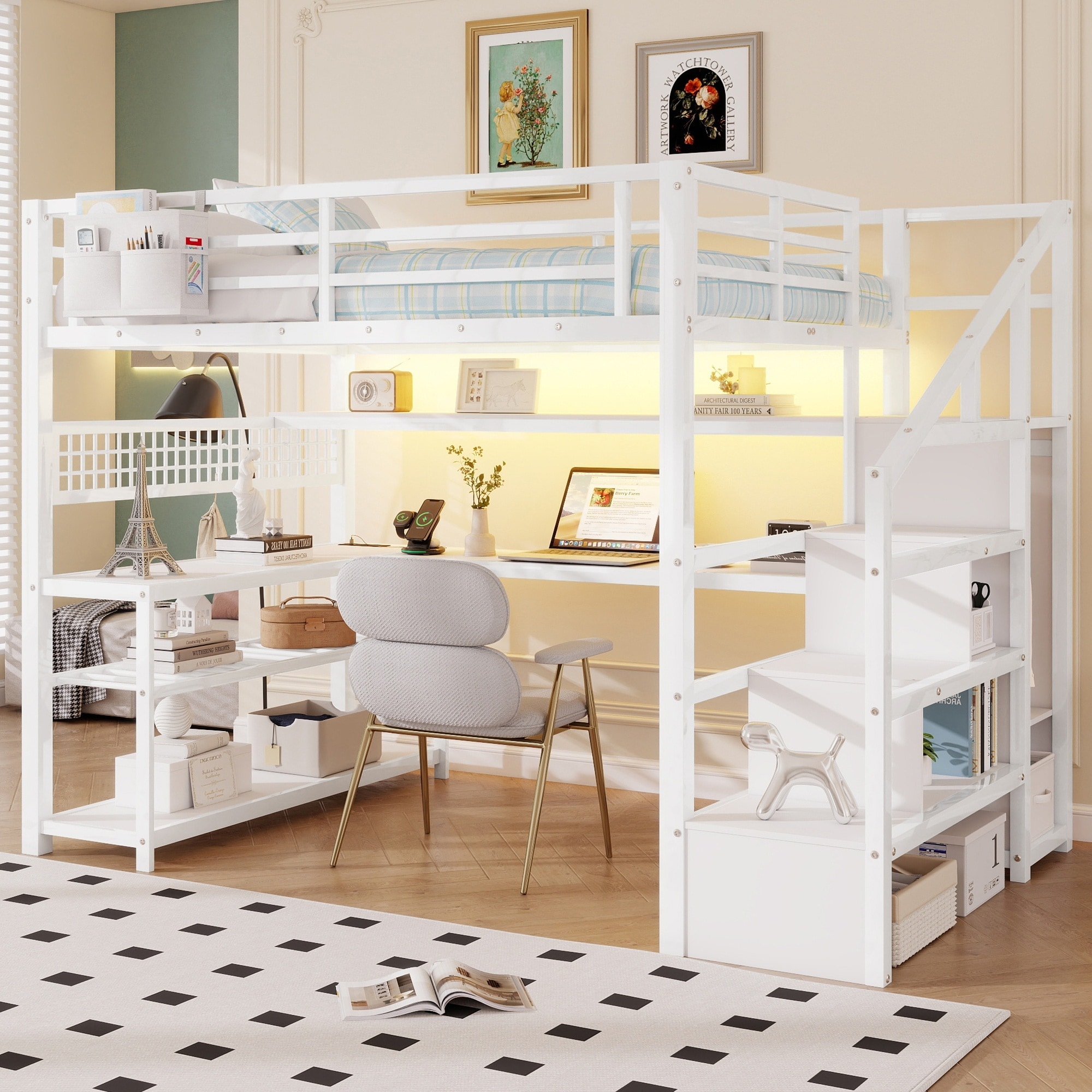Horizons Prime Full White Metal Loft Bed with Staircase and Wardrobe with L-Shaped Desk and LED Lights