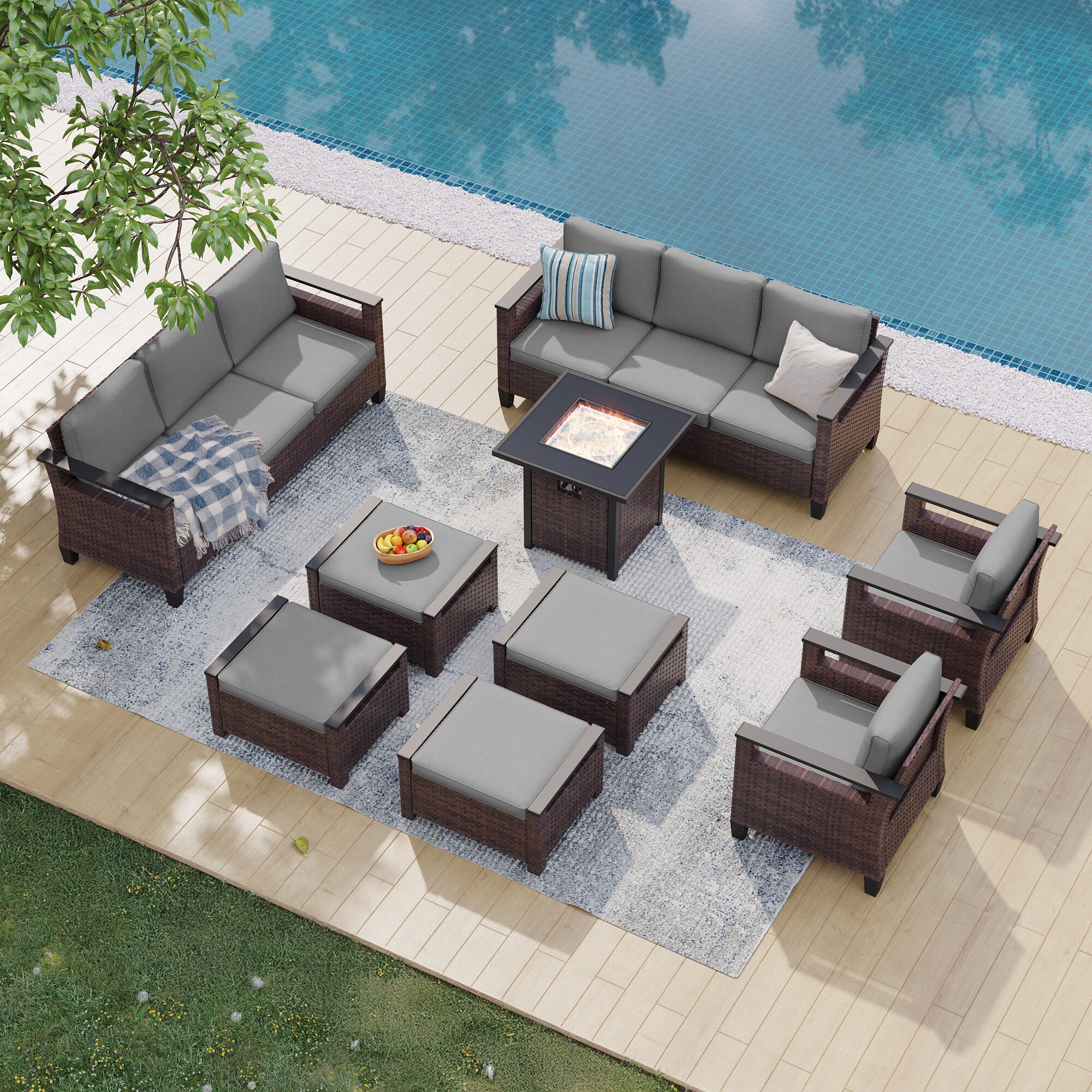 Sonkuki SD-PS-126BGY-S1T4 Patio Conversation Set 9 -Piece Wicker 2 Patio Sofa Conversation Set with Gray Cushions