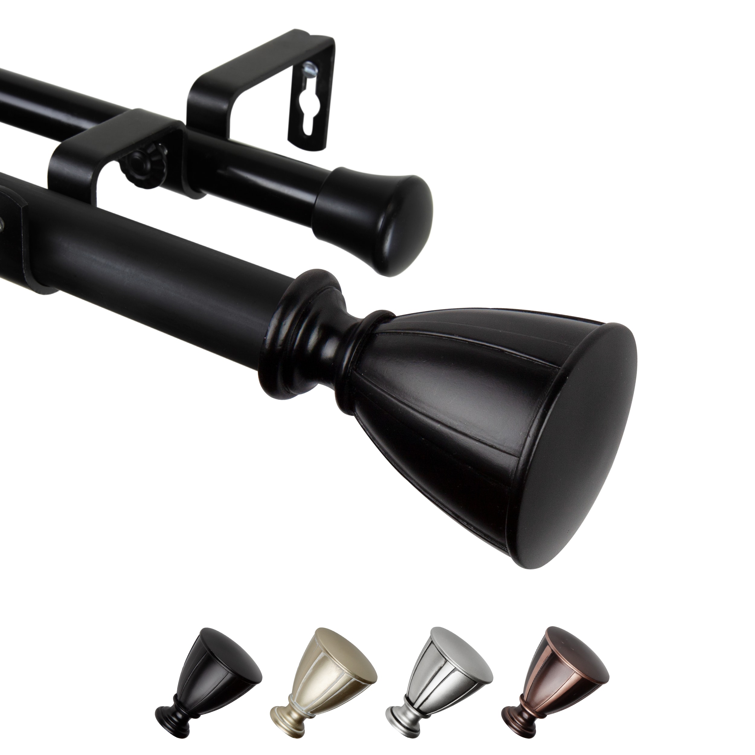 Hart & Harlow L-100-78-282-D Acadia 1-in 28-in to 48-in Black Steel Double curtain rod with Finials