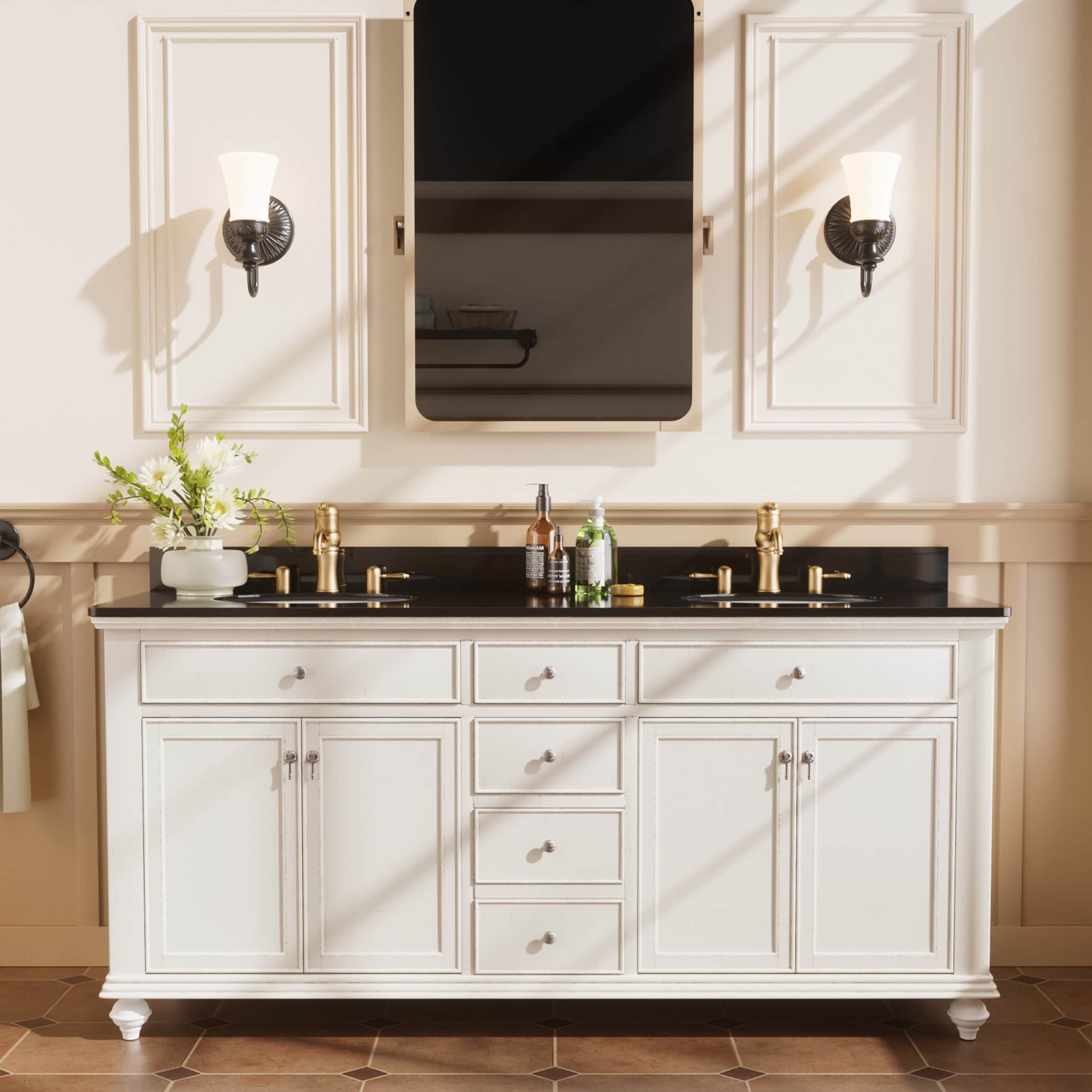 JEAREY HNBYZTY-BLUE Bathroom vanities with top 72-in White Double sink Bathroom Vanity with Black Quartz Top