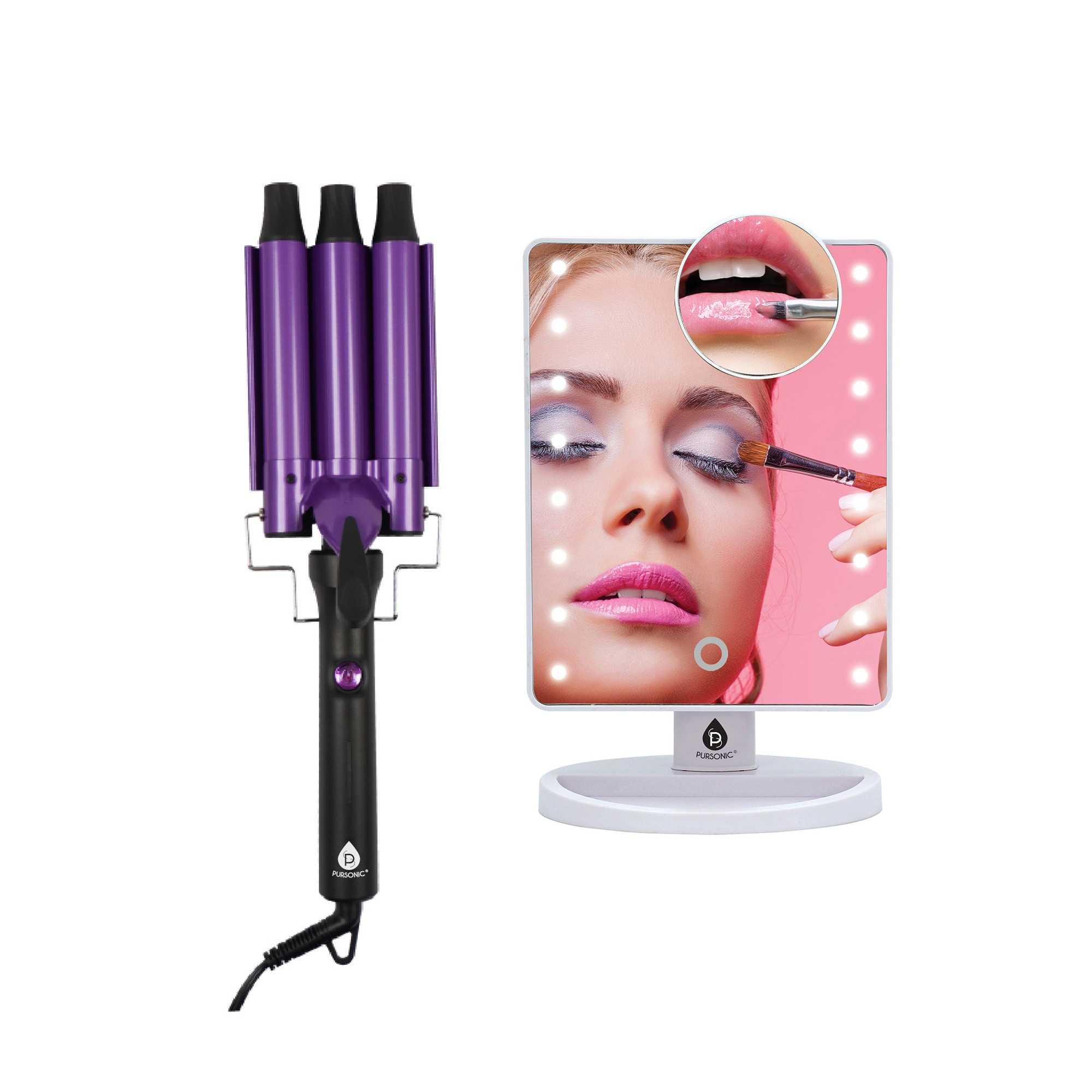 Pursonic Dimmable LED Vanity Mirror and  Triple Barrel Hair Curler The Ultimate Glow Up Bundle