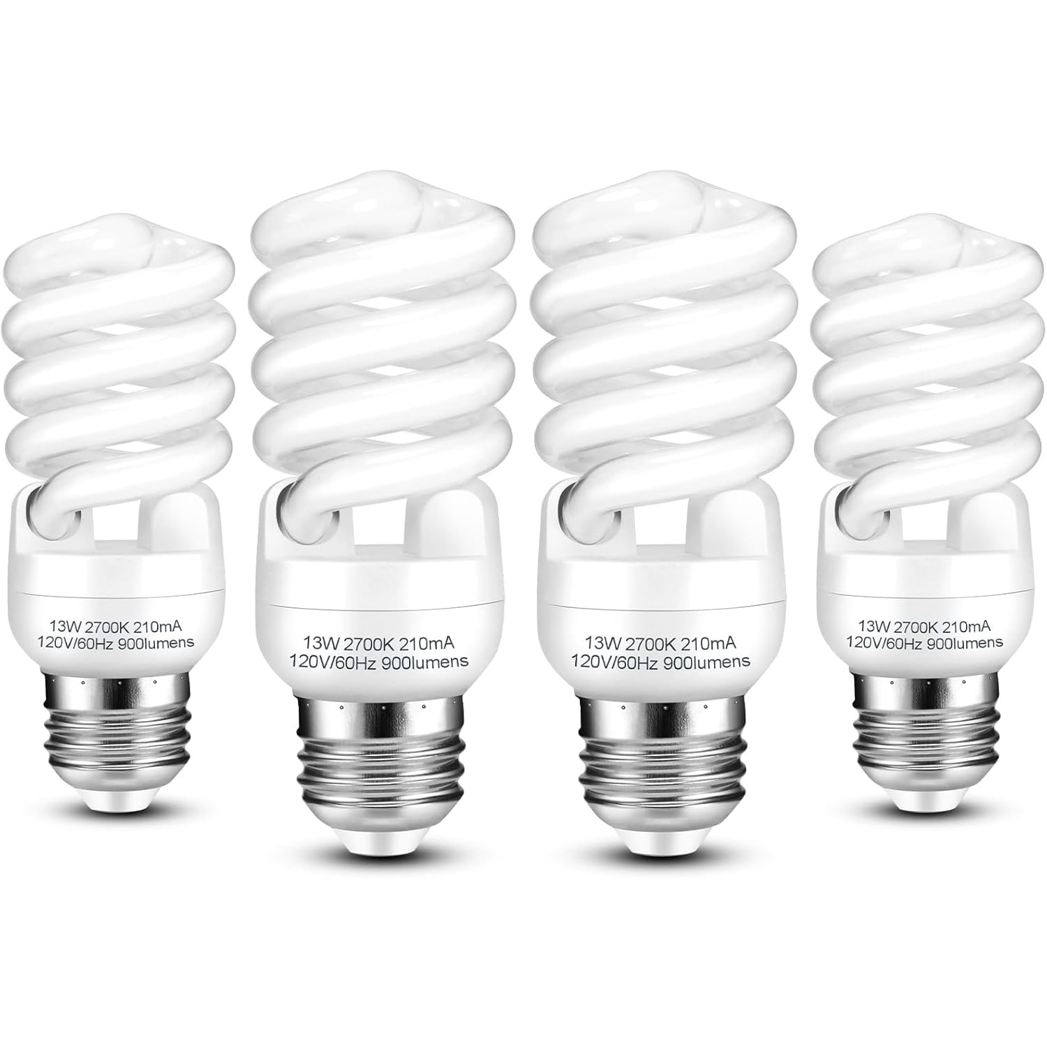 Etokfoks  E26 CFL light bulbs 13W T2 spiral soft white 2700K 900 lumen medium base 120V 60Hz compact fluorescent pack of 4