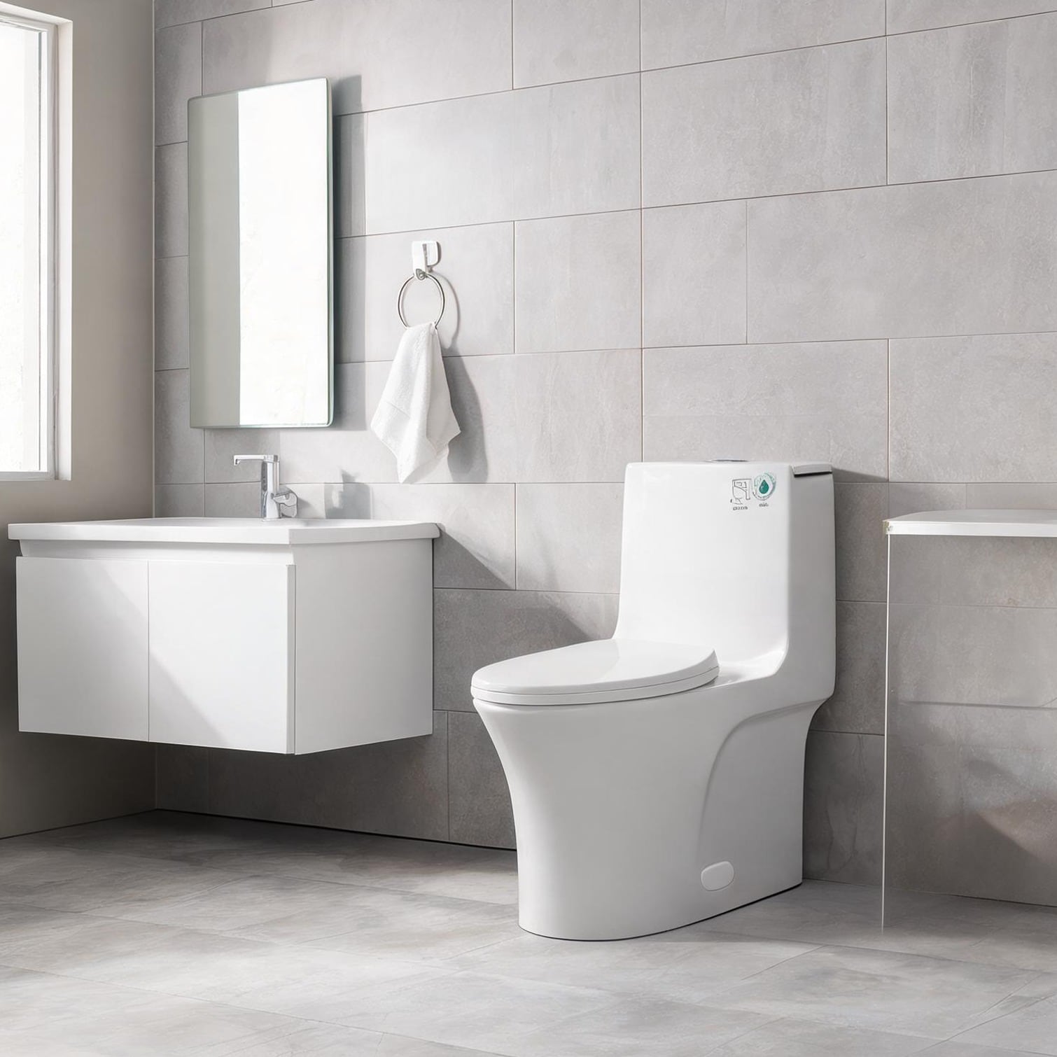 Watnature - White Ceramic One-Piece Elongated Dual-Flush Toilet with Soft-Close Seat for Bathroom