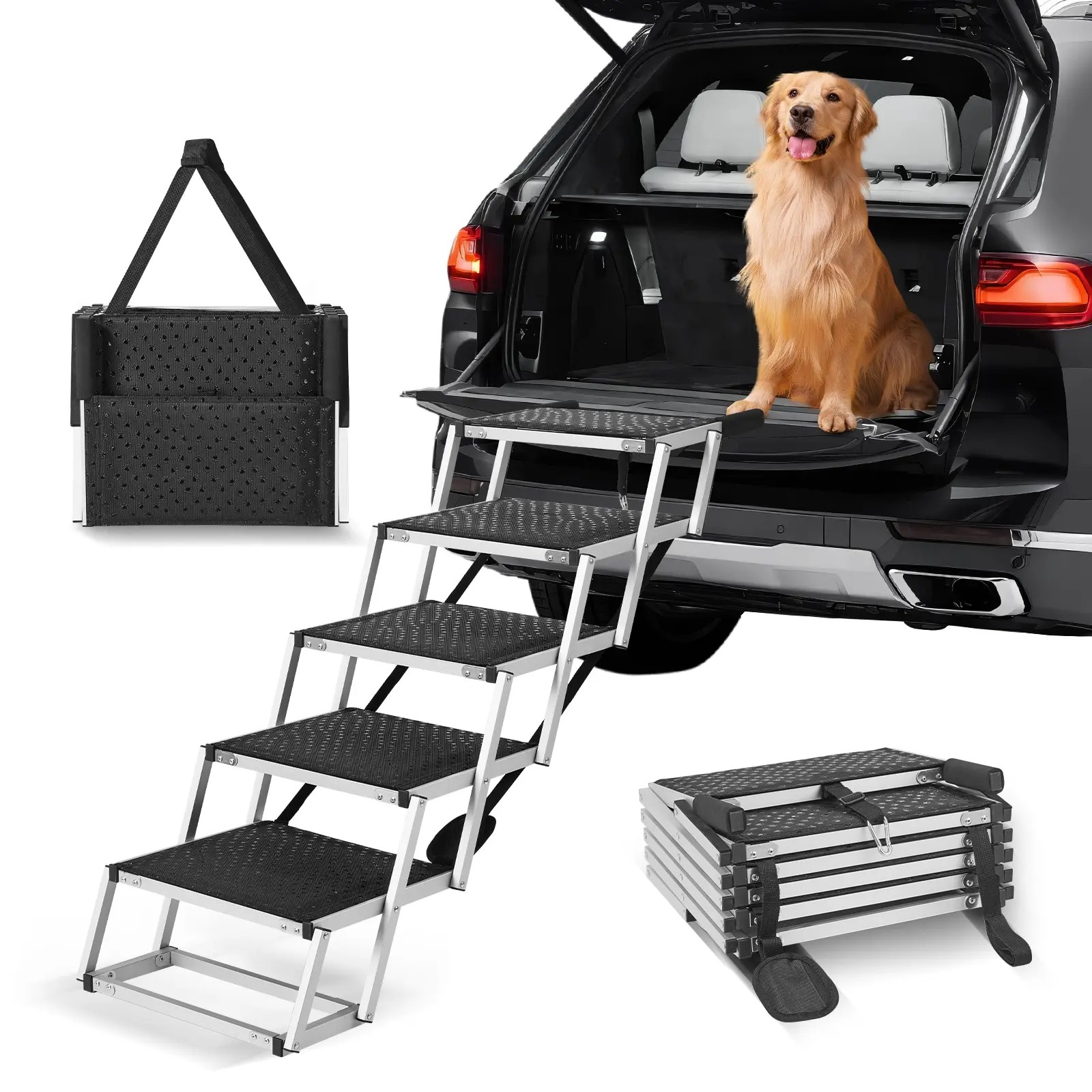 vanecl 5 Step Wide Aluminum Folding Dog Car Steps Dual Adjustable Height Pet Stairs Supports Up to 150 Lbs Portable Anti Slip Pet Steps for SUV Truck Vehicle Travel
