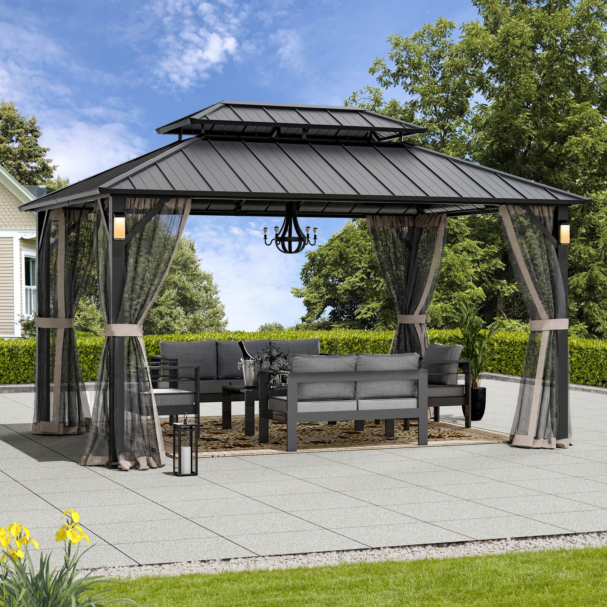 ELEVATE OUTDOORS - Solora 10-ft x 14-ft Hardtop Roof Iron Gazebo (Screen Included)