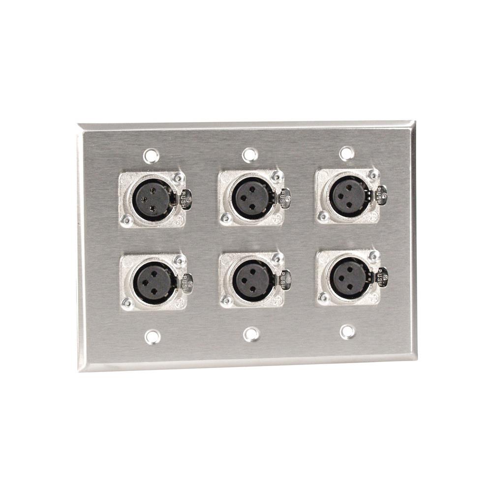  TCNCD328870 3-Gang Stainless Plate with 6 Latching 3-Pin XLR Female Terminal Block