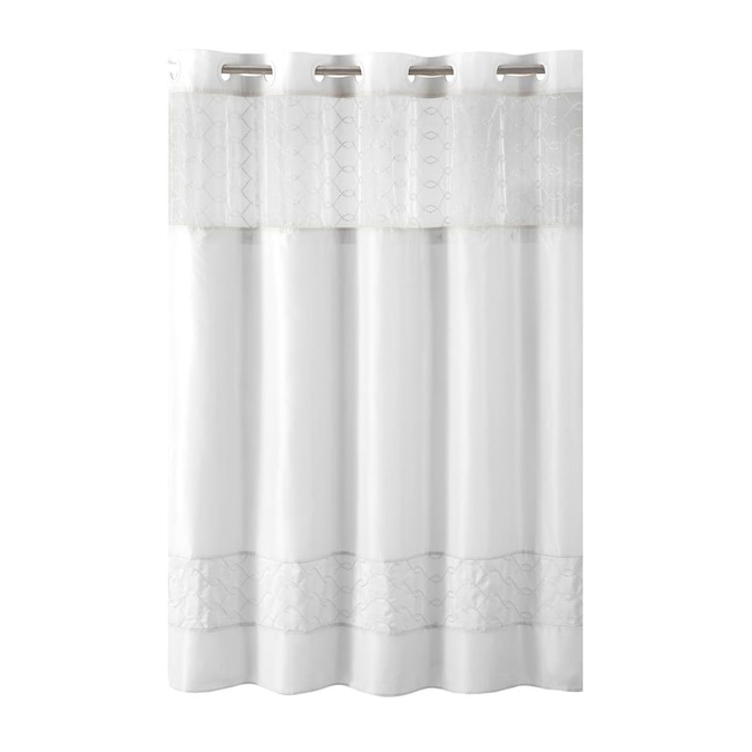 Polyester White Solid Shower Curtain, Hookless Shower Curtain With Liner