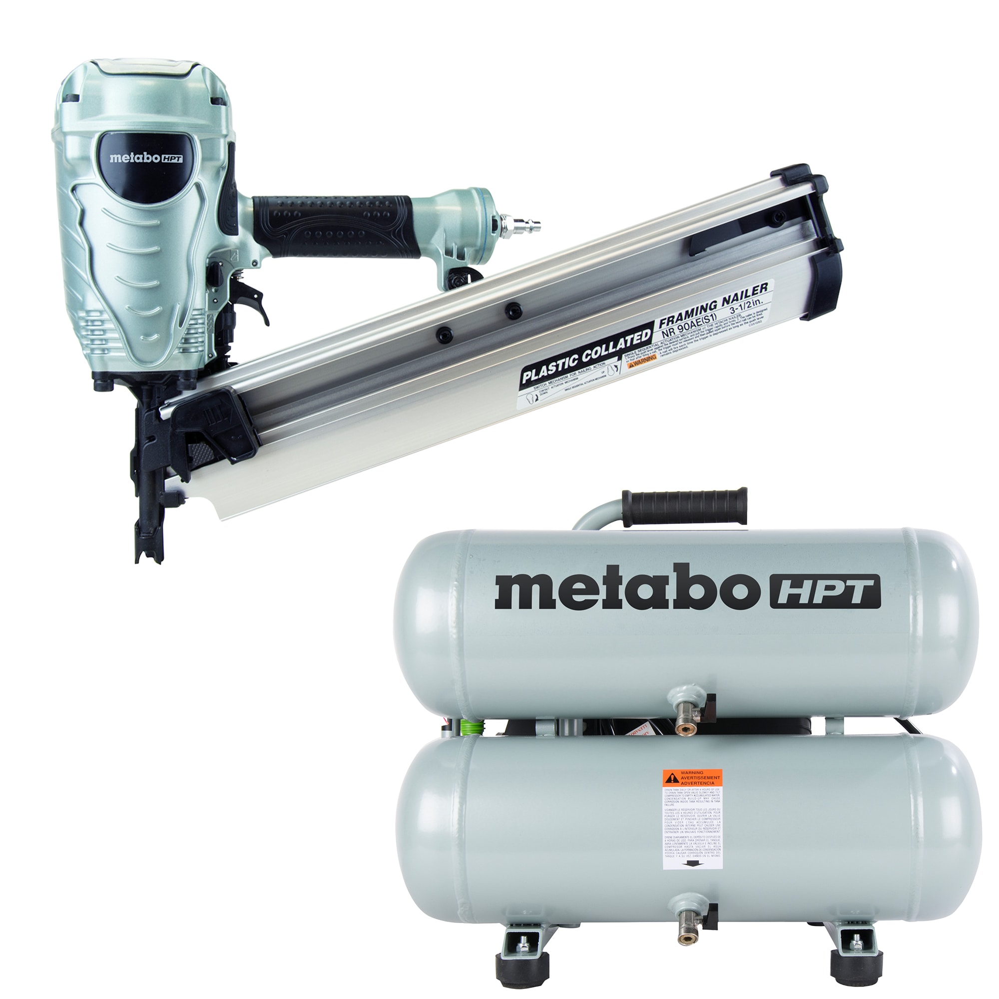 Metabo HPT 21-Degree Pneumatic Framing Nailer with 4-Gallon Single Stage Portable Electric Twin Stack Air Compressor