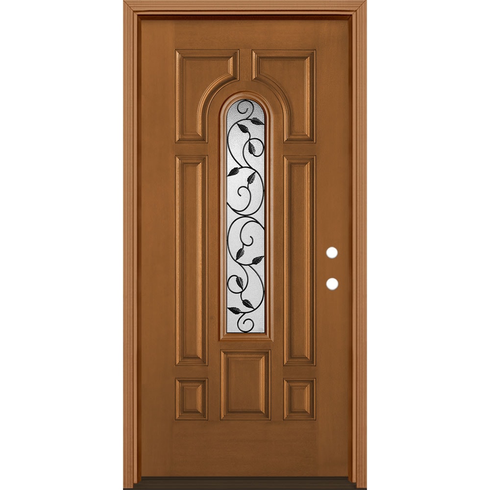 Masonite 3422411 Pergola 36-in x 80-in x 4-9/16-in Fiberglass Center arch lite Left-hand inswing Woodhaven Stained Prehung Front Door with Brickmould Insulating core