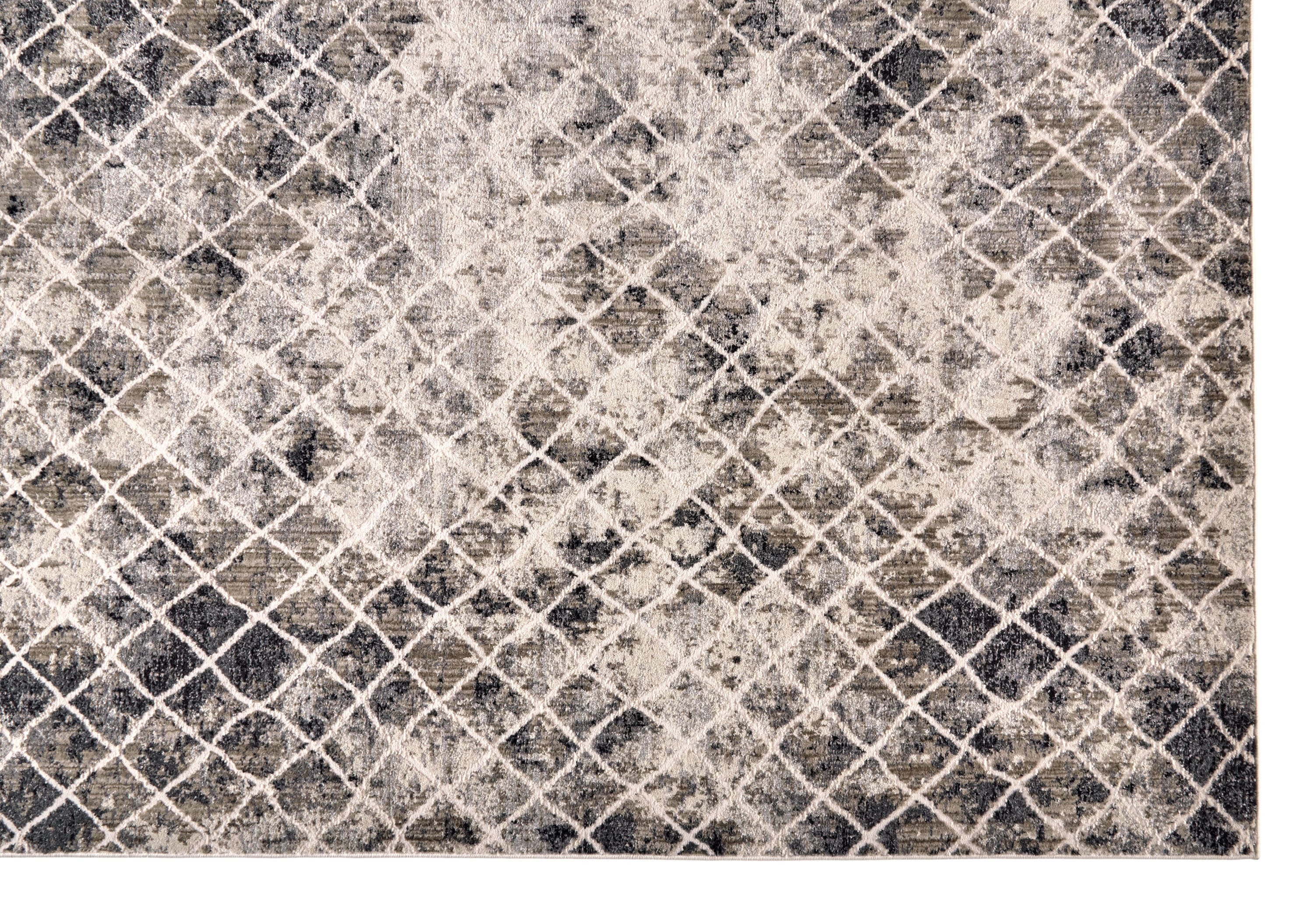 Ivory and Gray Distressed Diamond Pattern Rectangular Rug