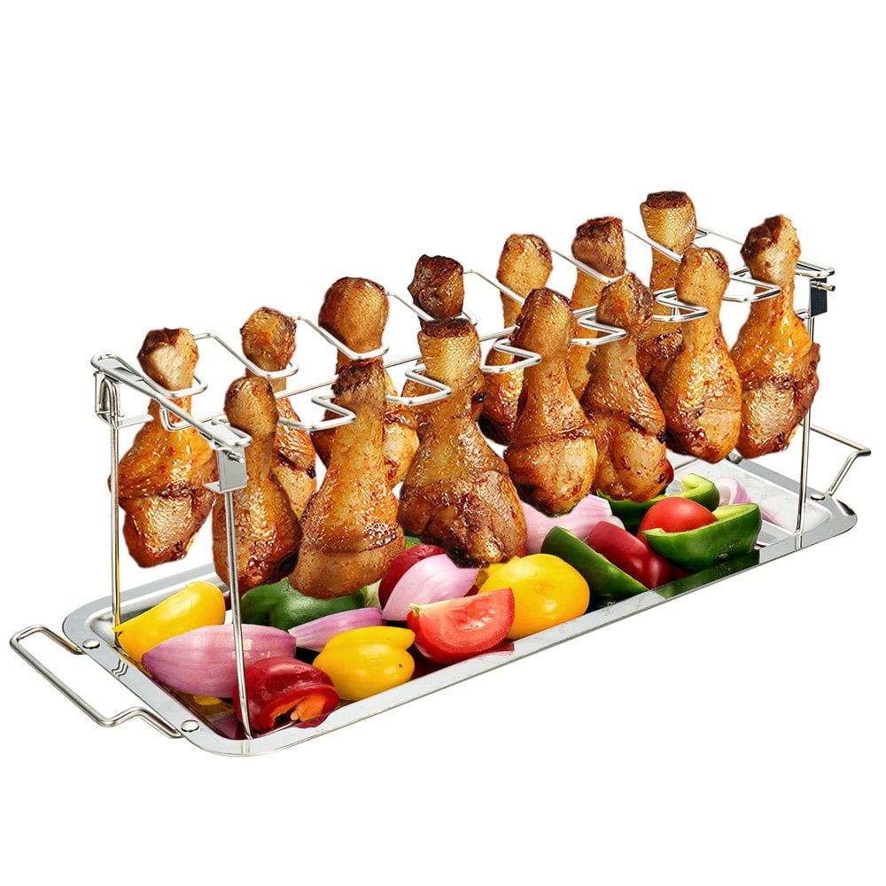 JVFCXXV  14 Slot Chicken Leg Rack for Grill and Oven Premium Stainless Steel Foldable Roasting Rack with Detachable Drip Pan Dishwasher Safe BBQ