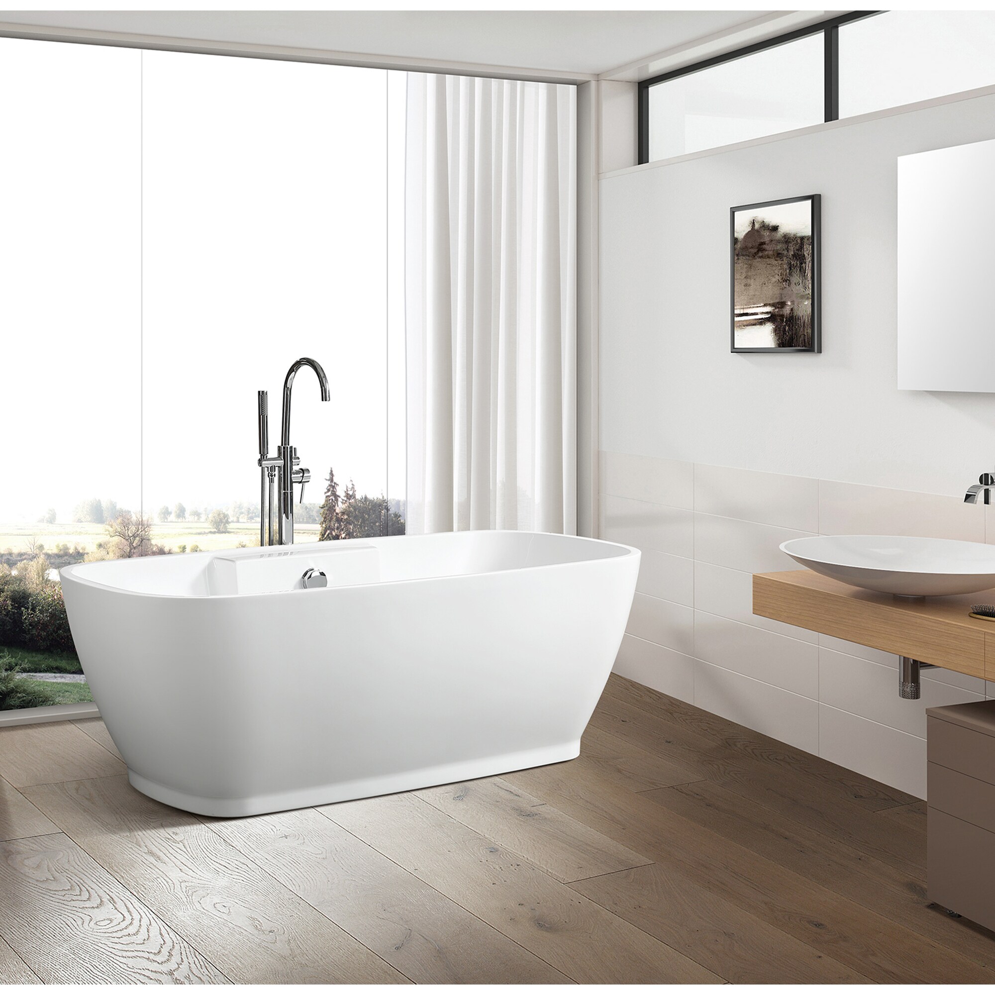 67-Inch White Acrylic Freestanding Soaking Bathtub with Chrome Overflow