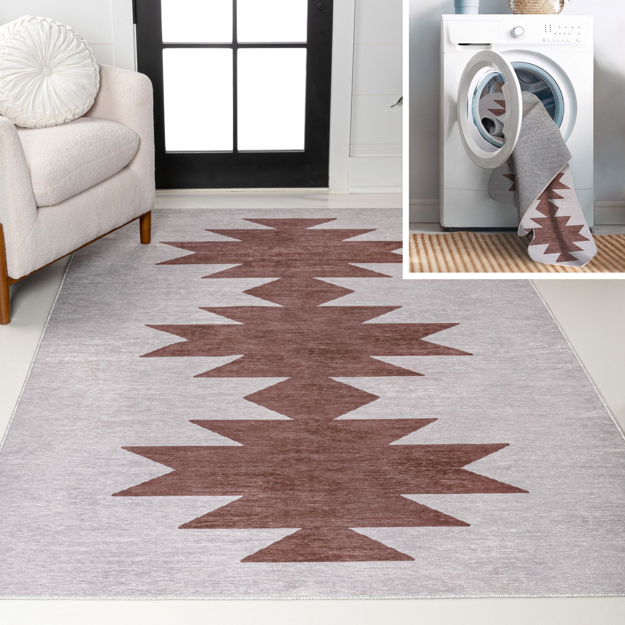 JONATHAN  Y WSH110E-5 WASHABLE Chayton Minimalist 5 x 8 (ft) Loomed Chenille Gray/Brown Rectangular Indoor Geometric Southwestern Machine washable Area rug