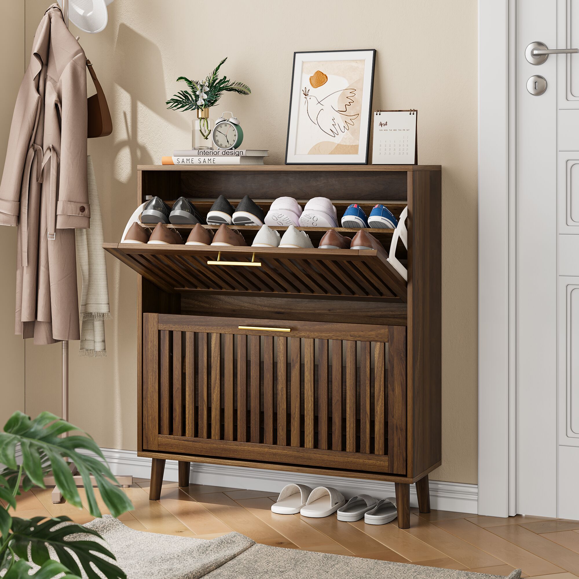 Blisstyle - 31.5 Inch Walnut Shoe Storage Cabinet Medieval Modern Independent Shoe Cabinet Fence ...