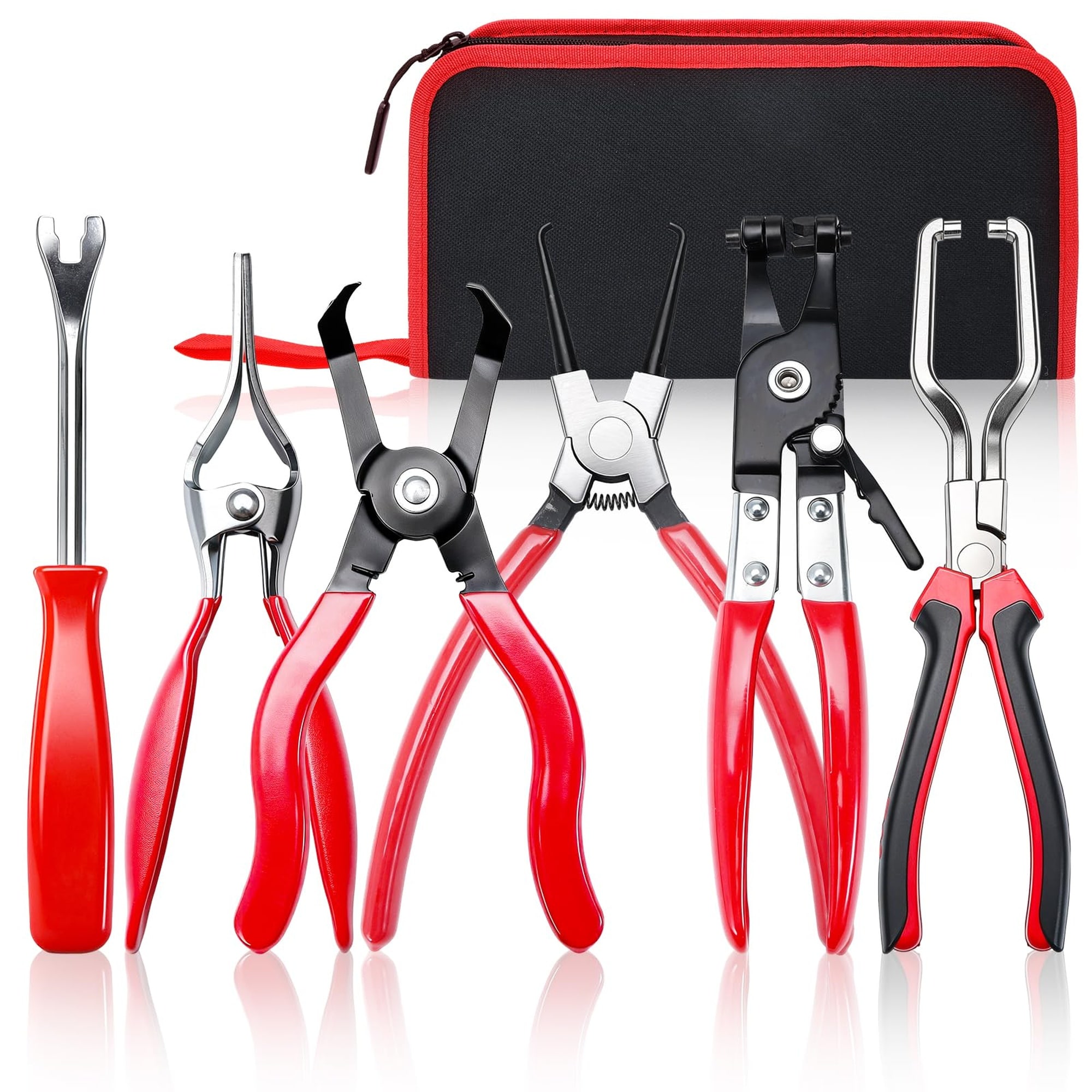 Angel Sar 6 Pcs Fuel Line Pliers Set Hose Clamp Long Caliper Remover 30 Deg Disconnecting Flat Clamp Plier for Water Hose Automotive Maintenance with Case