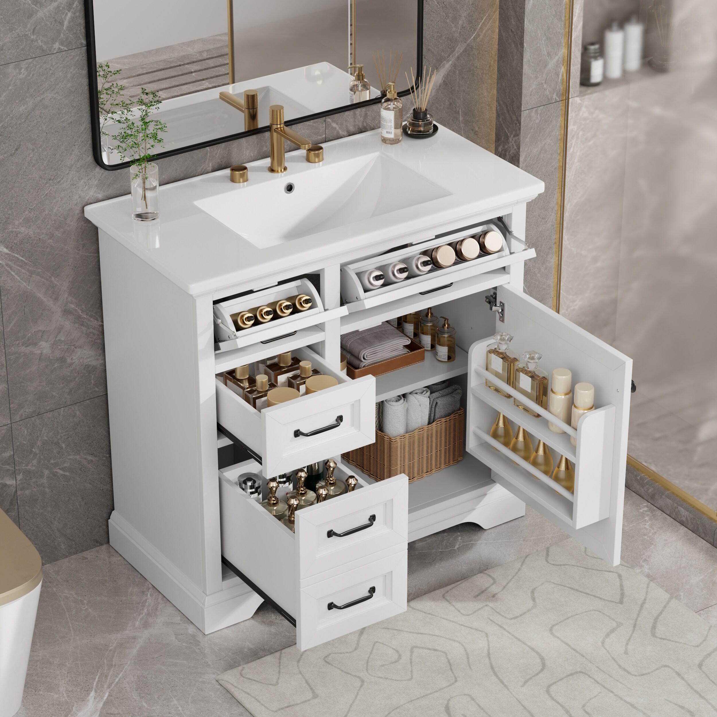 Tatayosi RY-P296118K 36 Inch White Bathroom Vanity with Ceramic Sink and Four Drawers Soft Close Door Storage Cabinet with Metal Handles Freestanding Design