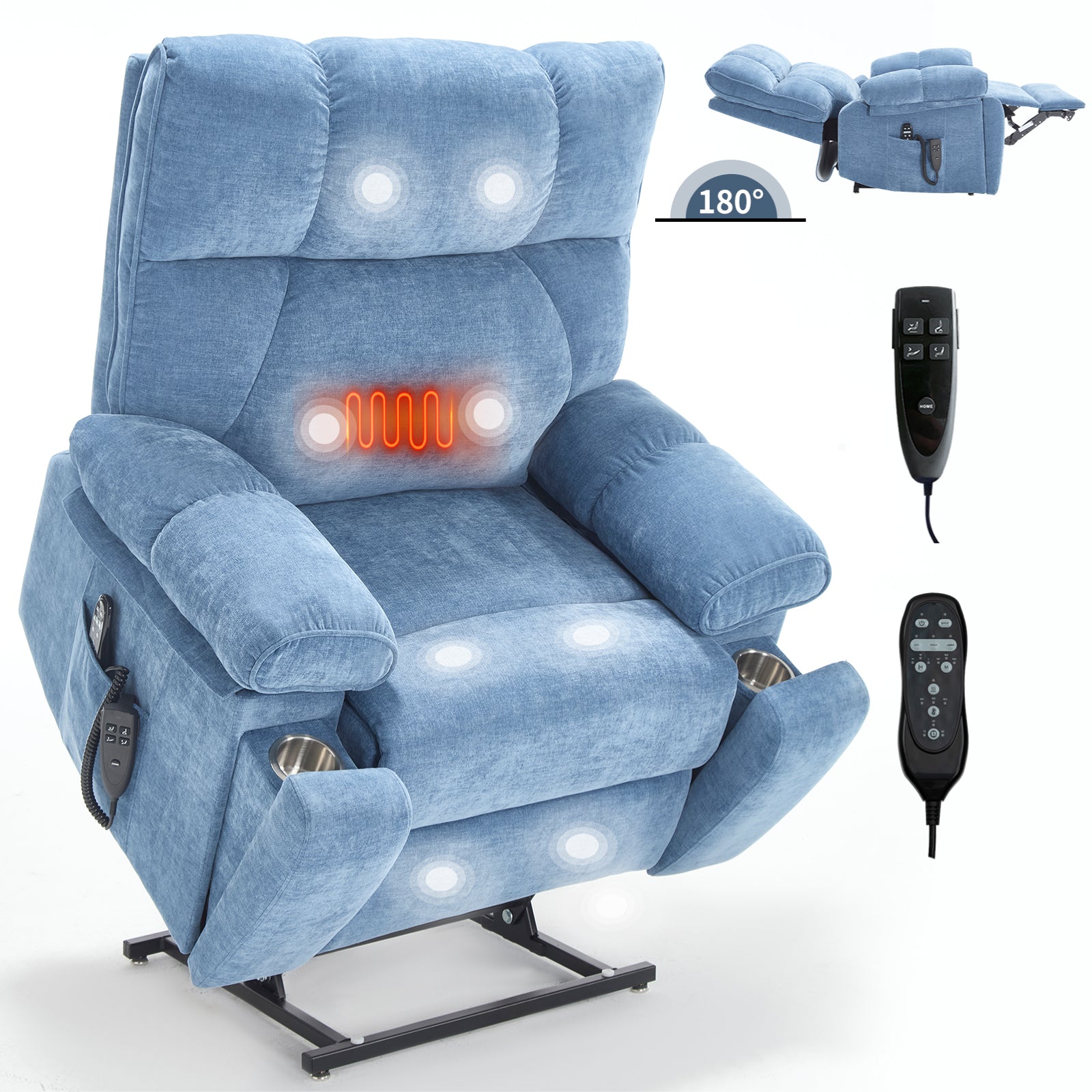 Boyel Living BL-CM64051 Blue Heat Massage Dual Motor Infinite Position Up to 350 LBS Large Electric Power Lift Recliners with Hidden Cup Holders