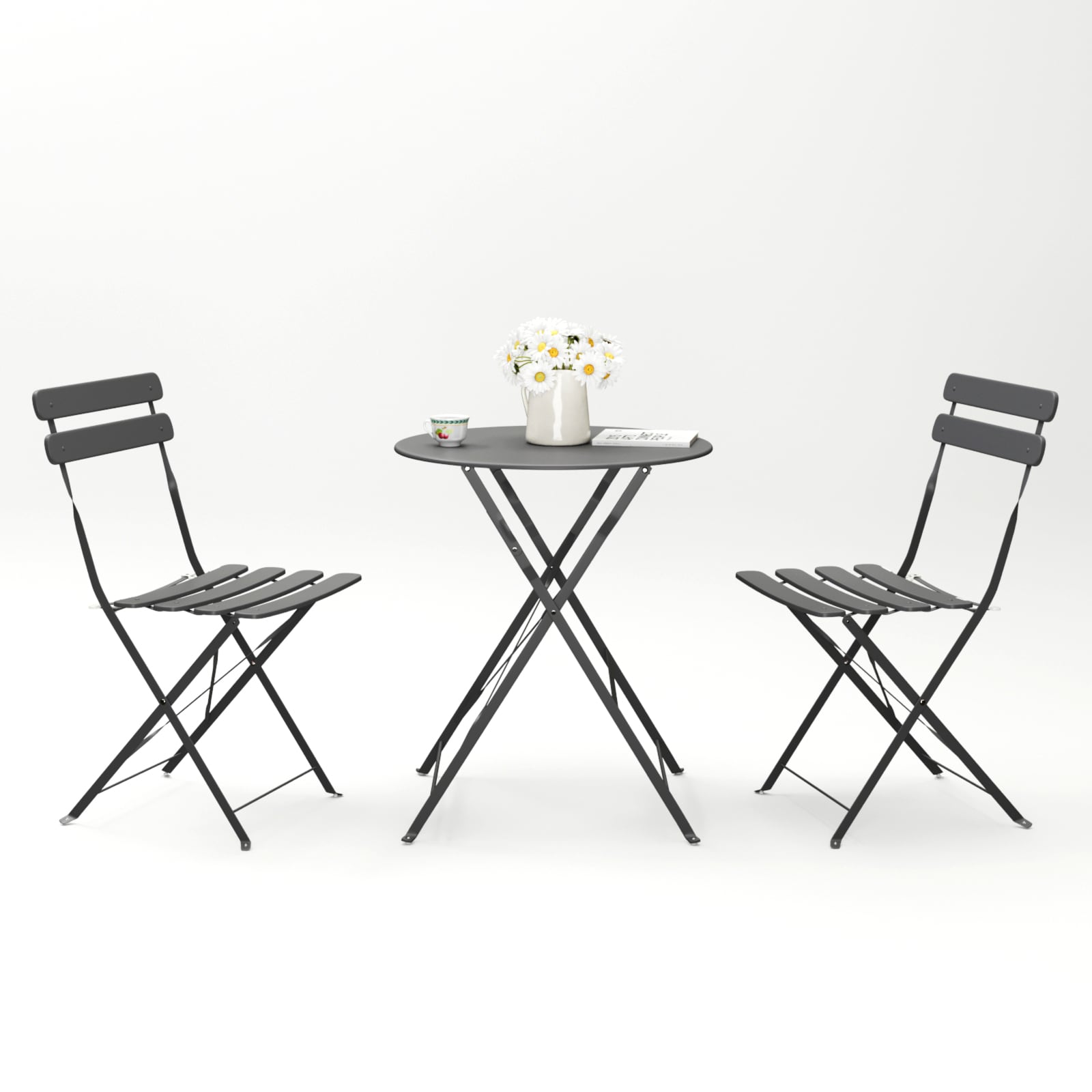 Nestfair HP40200B 3 -Piece Gray Bistro Patio Dining Set Steel Round Table with 2 Off-white Cushions Stackable Stationary Chairs