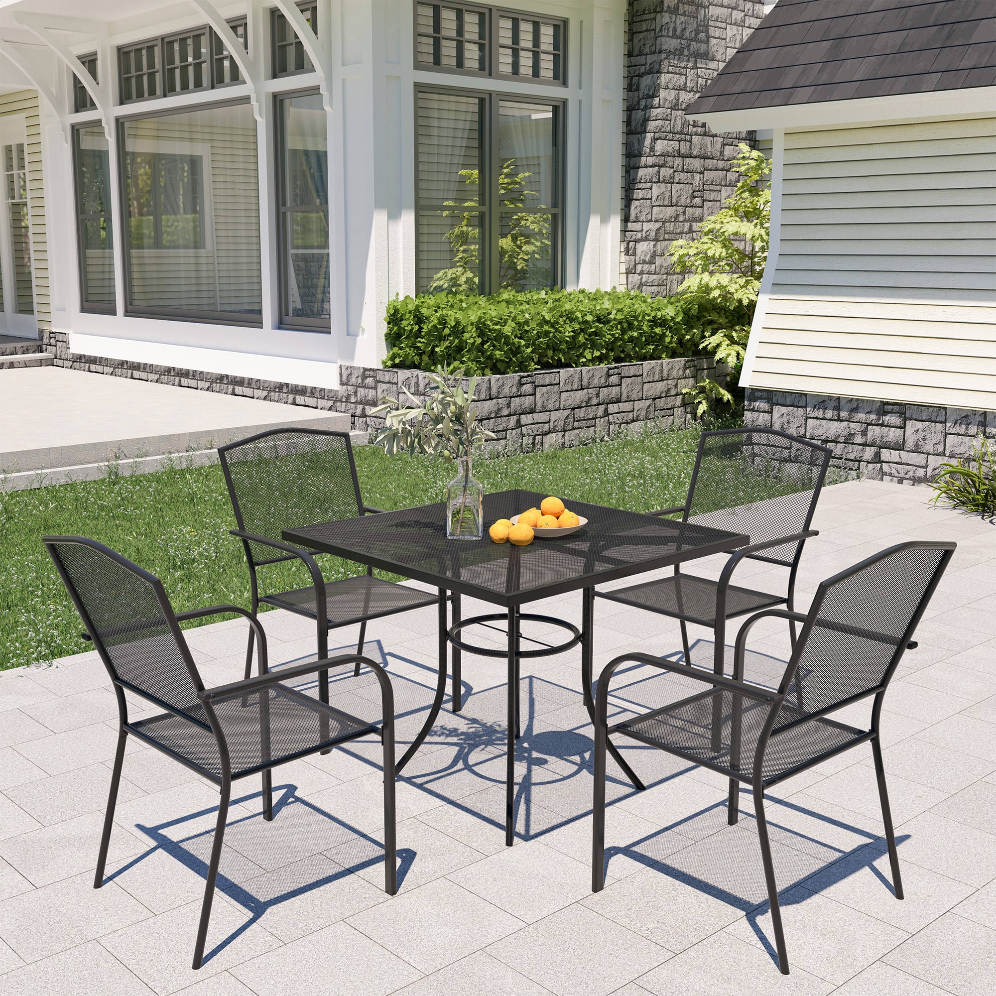 Patio 5 piece Dining Set 5-Piece Black Patio Dining Set Steel Square Table with 4 Stackable Stationary Chairs | - Clihome CL-07SL4C1TSQBL